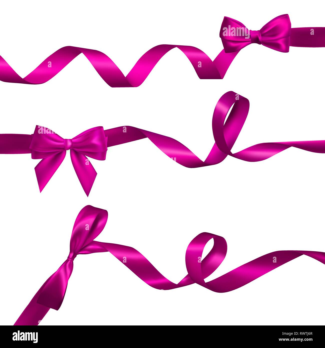 Festlegen von realistischen rosa Schleife mit langen gewellt Pink Ribbon. Element für die Dekoration Geschenke, Grüße, Urlaub, Valentines Tag Design. Vector Illustration. Stock Vektor