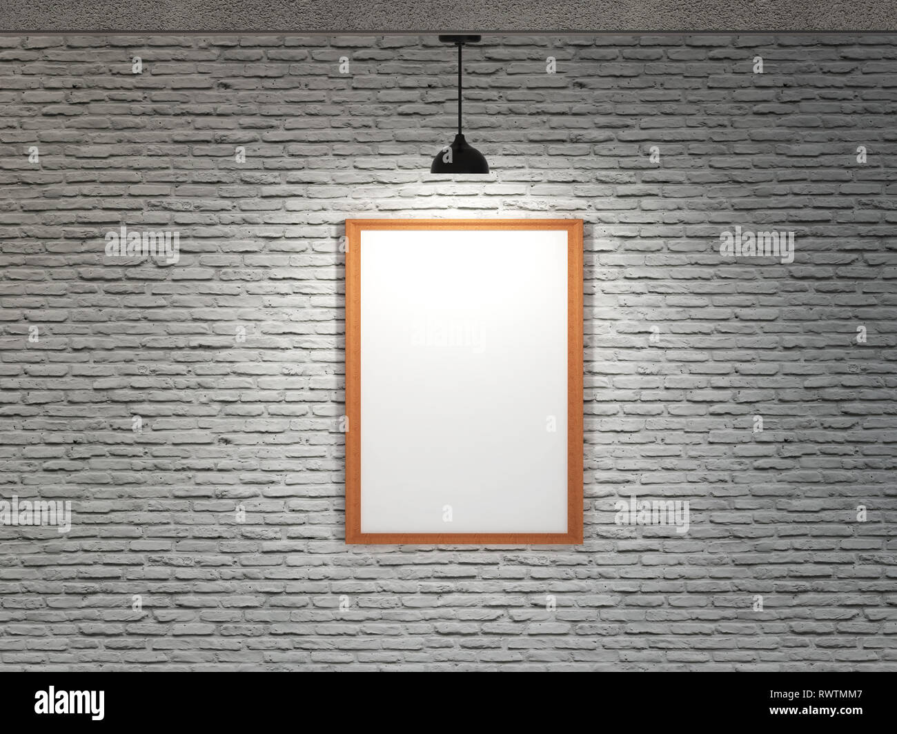 Eine leere weiße Rahmen Poster über die Mauer mit einer Deckenlampe und weißes Licht. Stockfoto