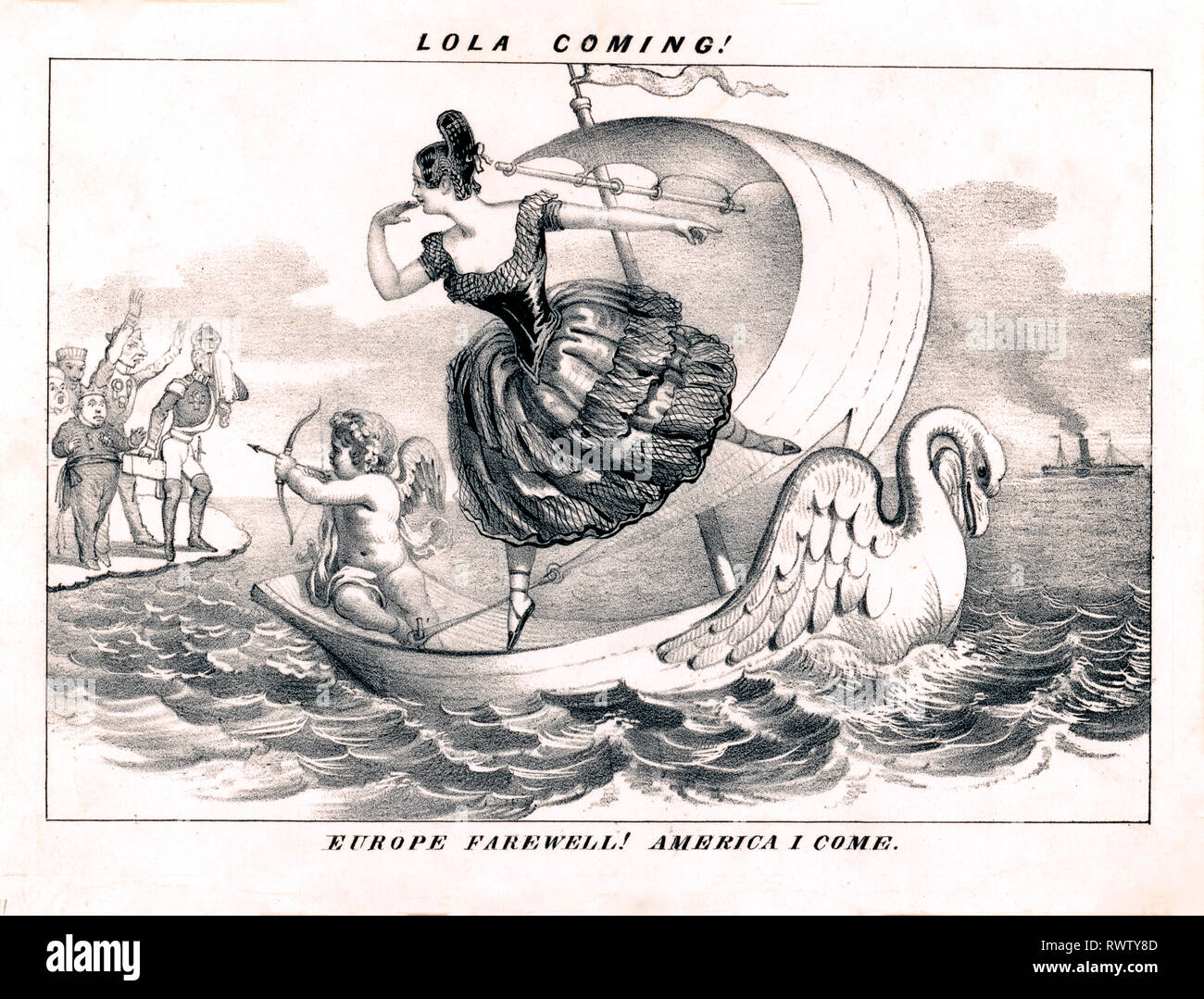 Karikatur der Theaterszene, die Lola Montez und Amor auf Swan Boot, mit schmerzhaften Europäer bieten Lola auf Wiedersehen Stockfoto