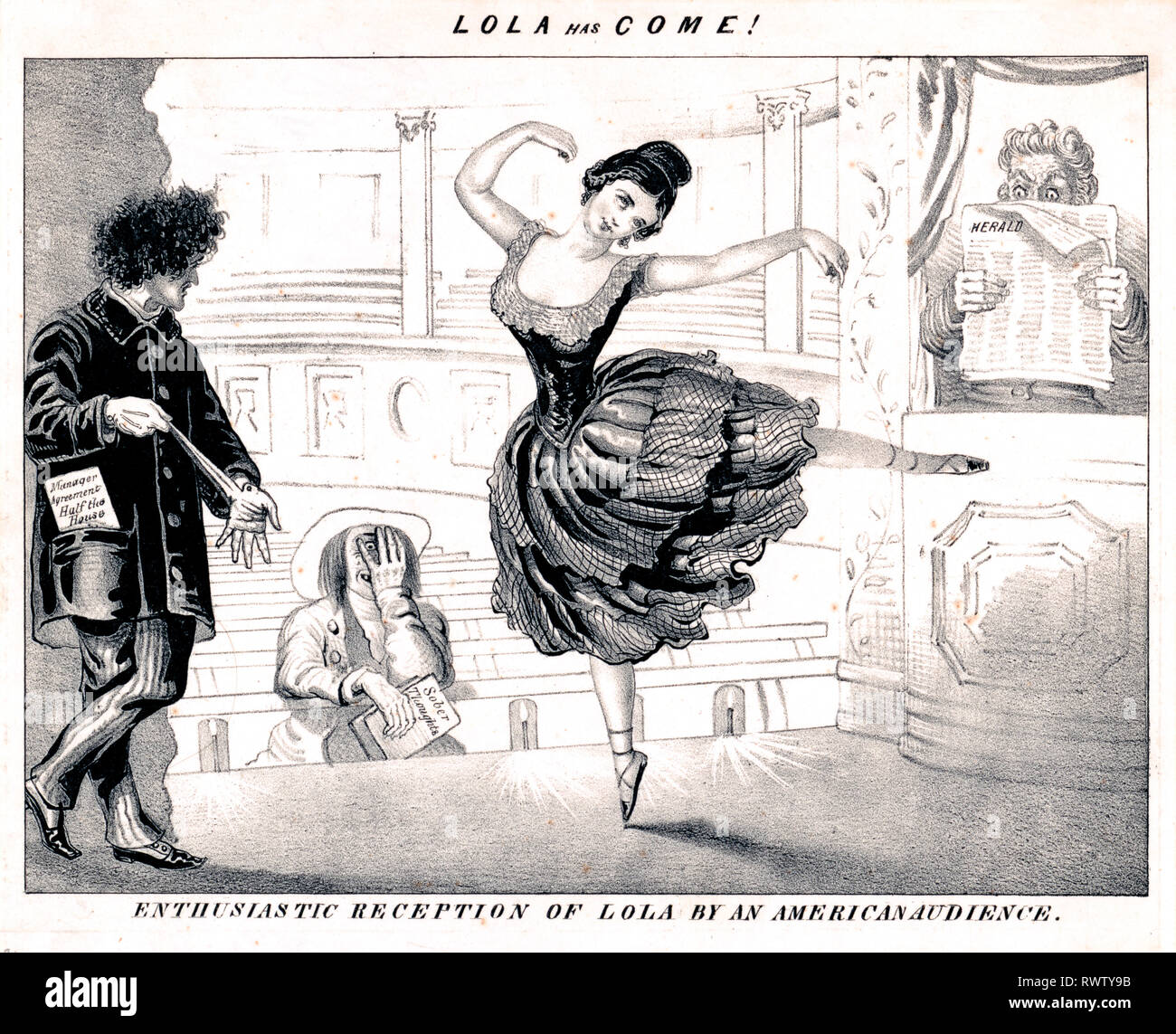 Karikatur der Theaterszene, die Lola Montez tanzen auf der Bühne als puritanischen Peaks bei ihr durch seine Finger und das Haus Manager trägt "Das halbe Haus "Abkommen in seiner Tasche. Stockfoto