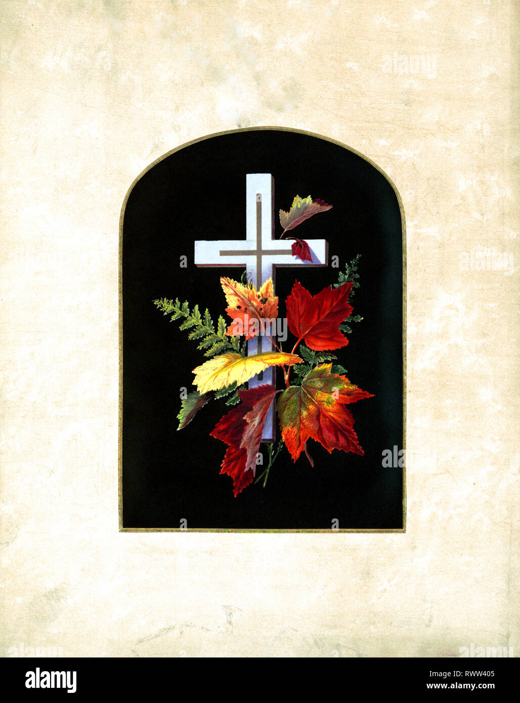 Drucken zeigt ein Kreuz als Teil einer floralen Anordnung der Blätter im Herbst und Farne. Stockfoto