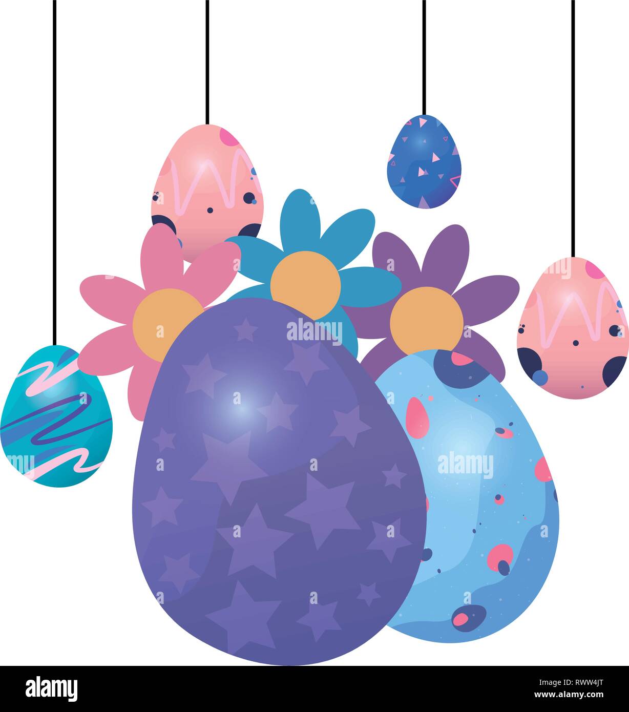 Hängende Eier bemalt Frohe Ostern Vector Illustration Stock Vektor