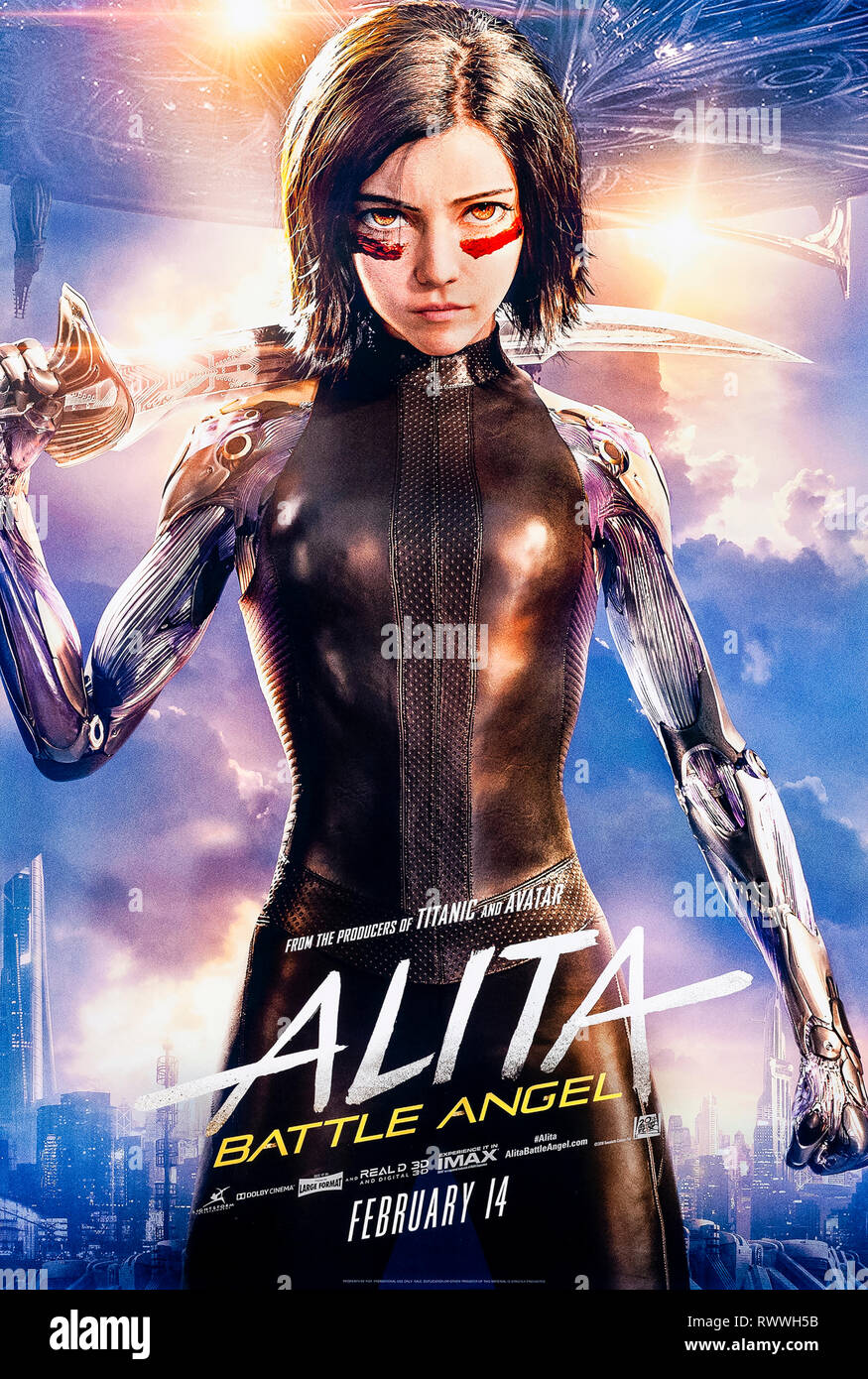 : Battle Angel Alita (2019) von Robert Rodriguez Regie und Hauptdarsteller Rosa Salazar, Christoph Waltz und Jennifer Connelly. Ein weiblicher Cyborg kämpft zurück. Stockfoto