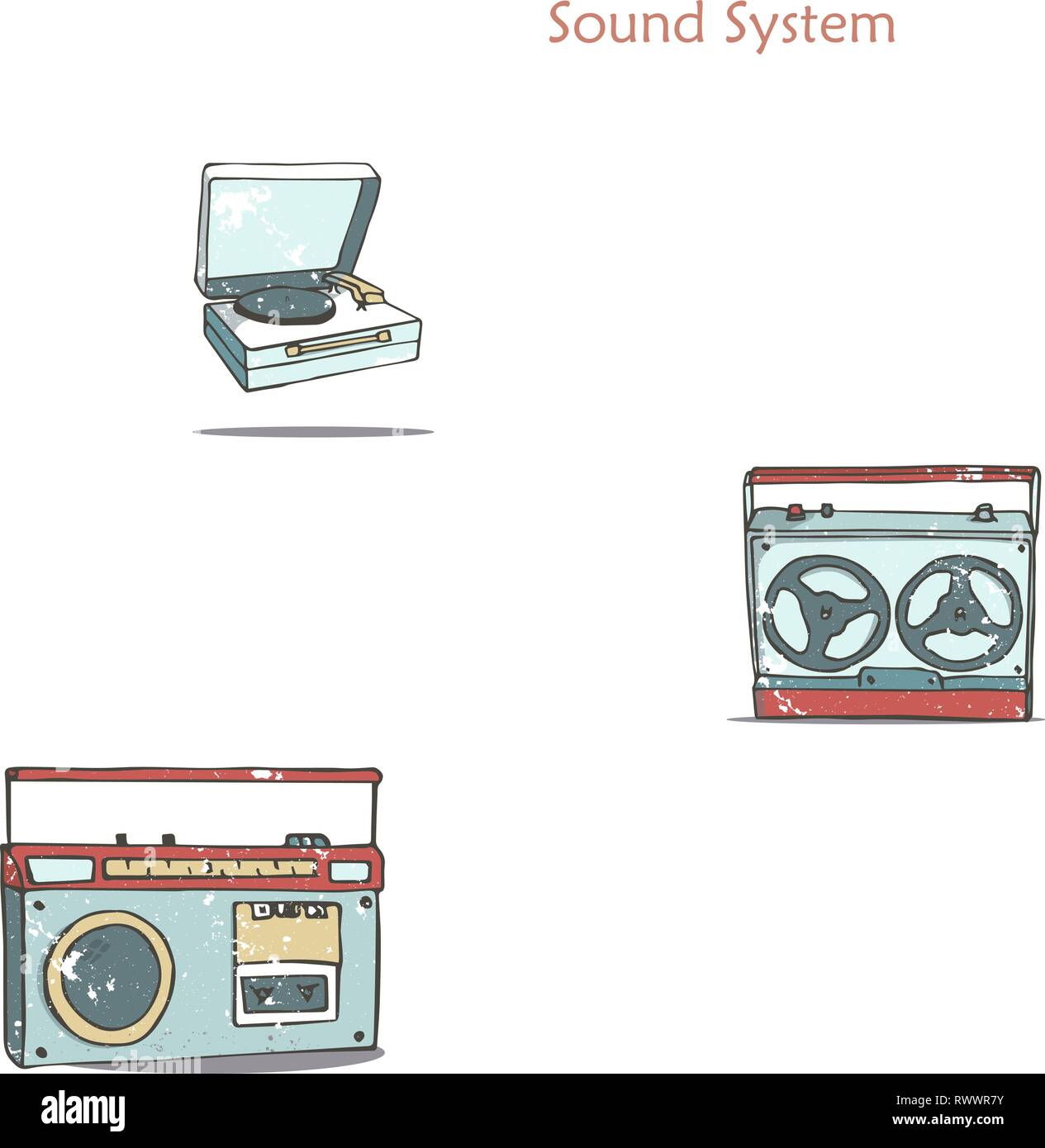 Vintage Audio Player. Aufnehmen von Musik. Cartoon im Retro-Stil mit grunge Texturen und Rost Effekt. Hand clip art gezeichnet Stock Vektor