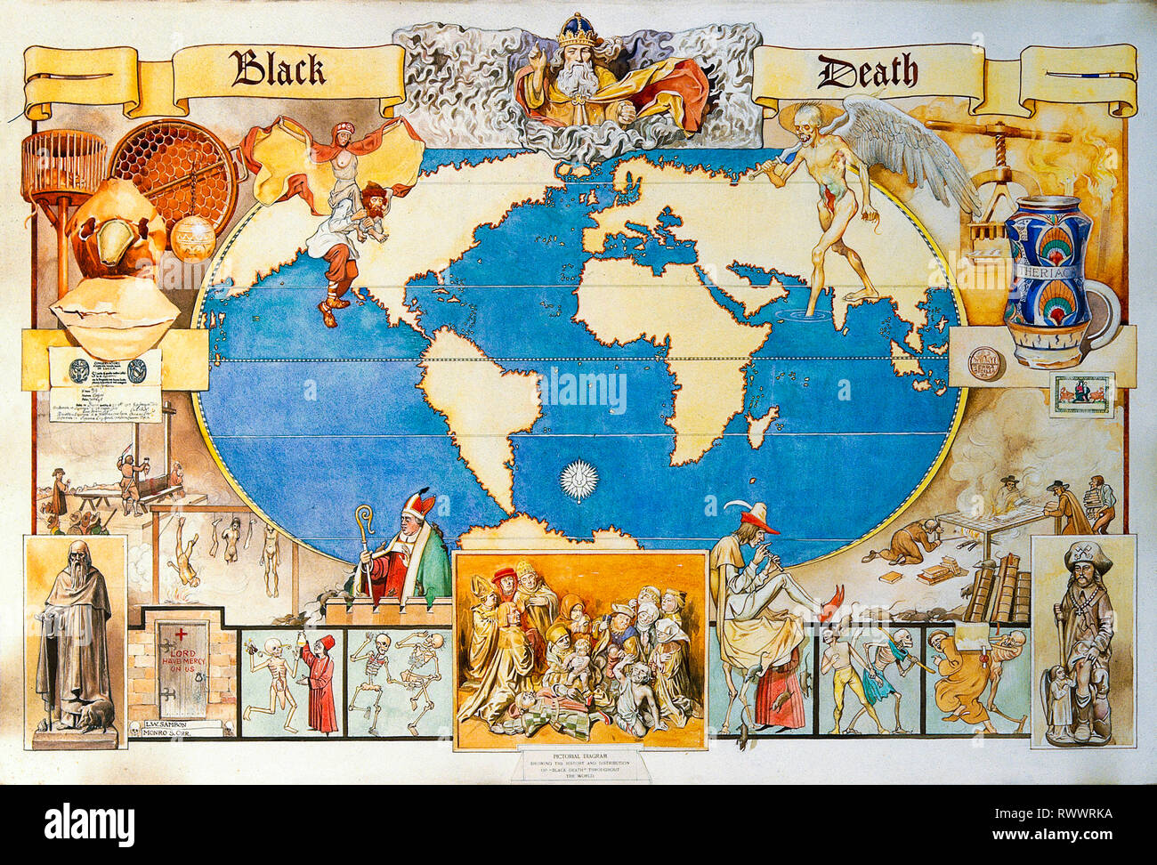 The Black Death, gemalte Pestkarte, die die Verbreitung oder Ausbreitung der Krankheit weltweit zeigt, Monro Scott Orr, 14.. Jahrhundert Stockfoto