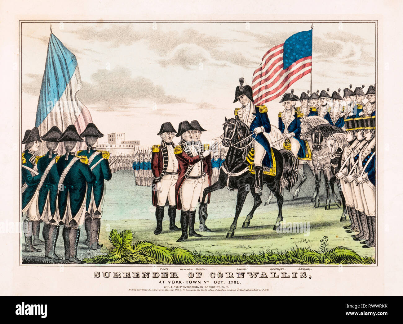 Die kapitulation von Cornwallis bei Yorktown, Virginia Oktober 1781, handkoloriert Drucken, Lithographie, 1846 Stockfoto