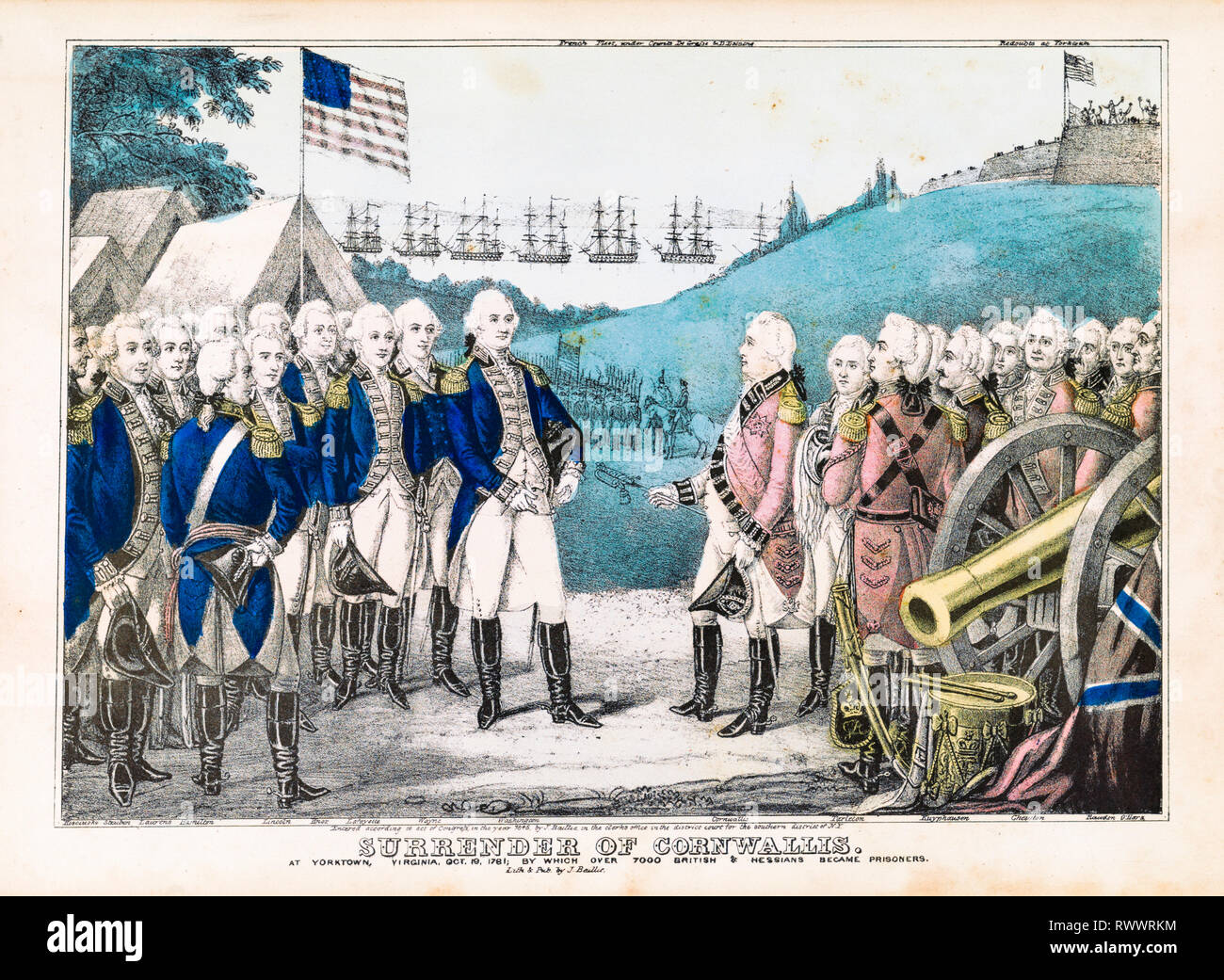 Kapitulation von Cornwallis in Yorktown, VA, Oktober 1781, handkoloriert, Lithographie, Druck aus dem Jahr 1845 Stockfoto