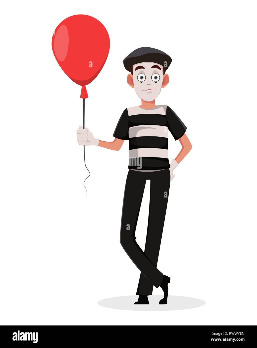 Mime-zeichentrickfigur halten roten Luftballon. Flat Style. Verwendbar für April Fool's Day. Vector Illustration auf weißem Hintergrund. Stock Vektor