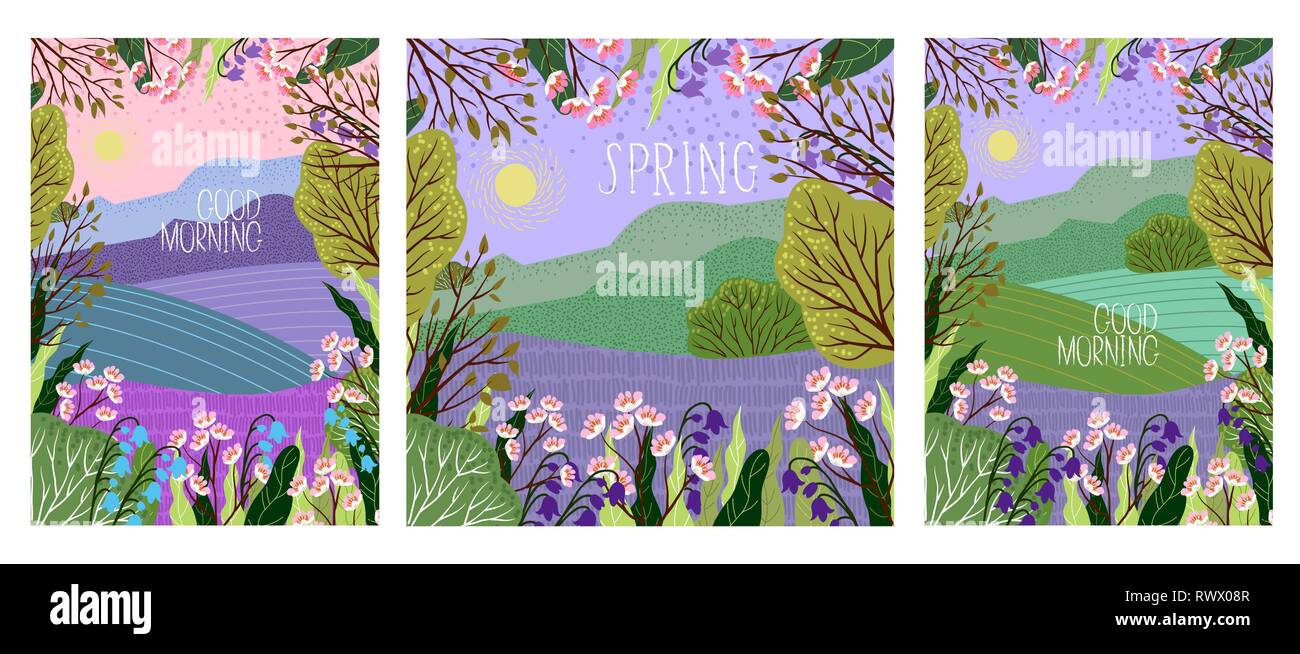 Satz von Vector Illustration in trendigen Flachbild Niedlichen Stil - Blumen, Bäume und Natur Landschaft - Hintergrund für Banner, Grußkarten, Poster und advertis Stock Vektor