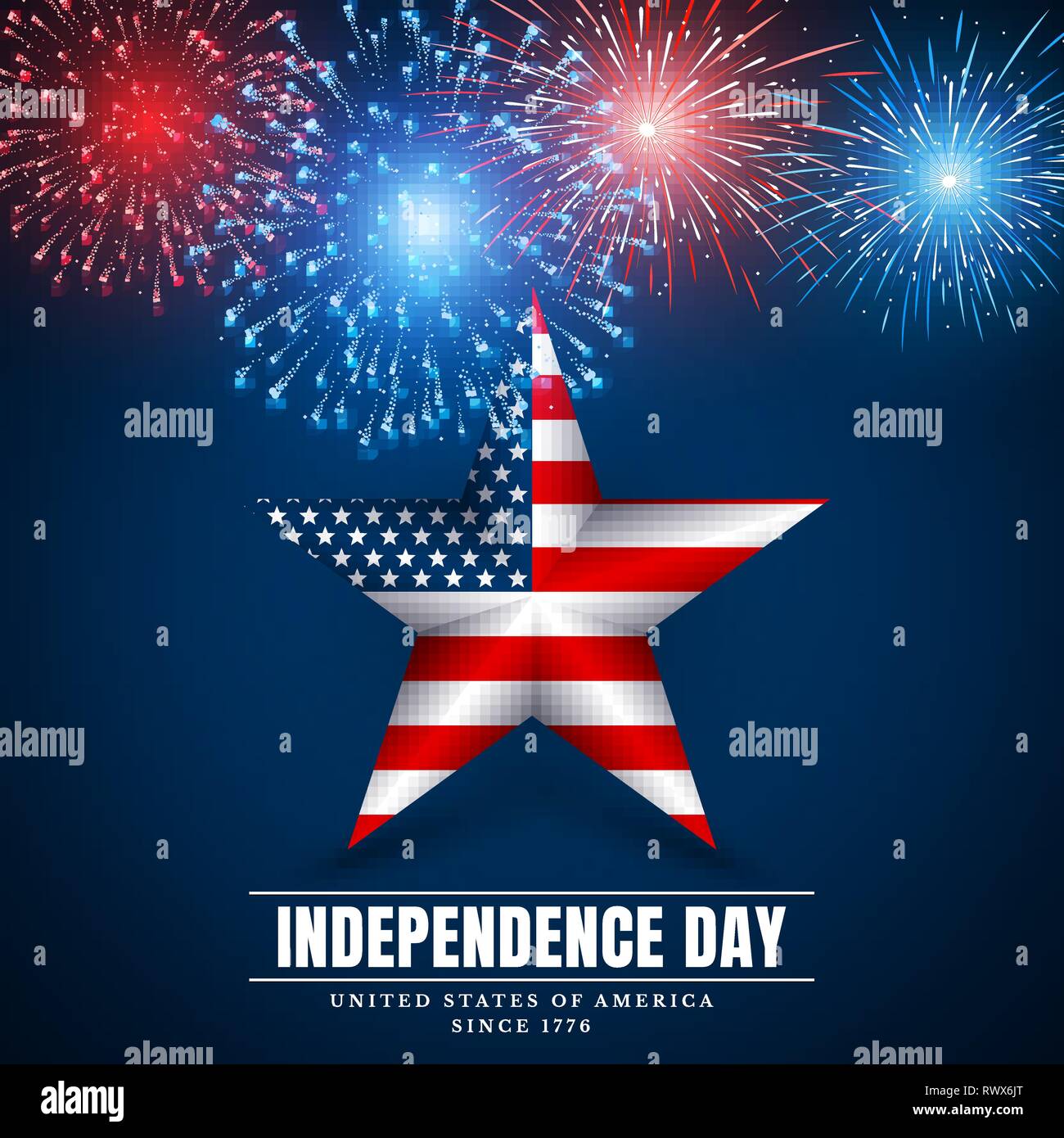 4. Juli usa Star, Independence Day. Feuerwerk. Festival bunten Feuerwerk. Vektor llustration auf blauem Hintergrund. Stock Vektor