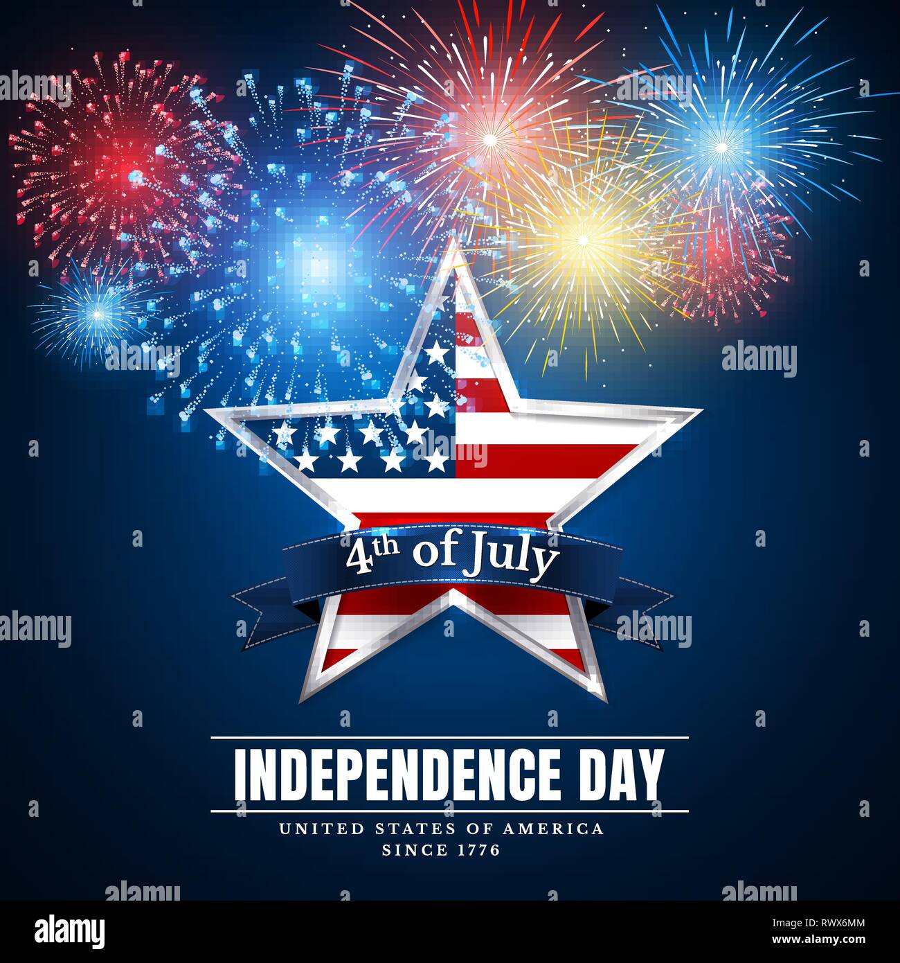 4. Juli usa Star, Independence Day. Feuerwerk. Festival bunten Feuerwerk. Vektor llustration auf blauem Hintergrund. Stock Vektor
