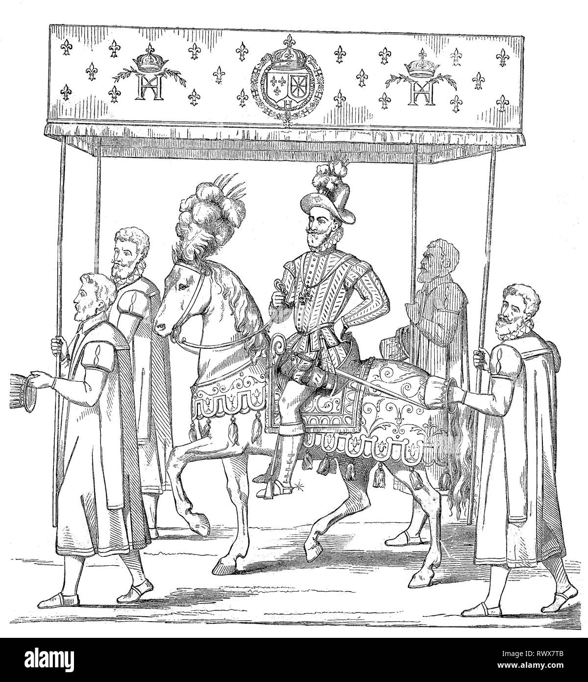 Heinrich IV. von Navarra, Henri IV Henri Quatre, Henri Le Grand, geboren 1553, gestorben 1610 in Paris, zu Pferde und mit BaldachintrÃ¤gern bei seiner Ankunft in Rouen/Henry IV. von Navarra, Henri IV Henri Quatre, Henri Le grand, geboren 1553, gestorben 1610 in Paris, zu Pferde und mit Haube Träger bei seiner Ankunft in Rouen Stockfoto