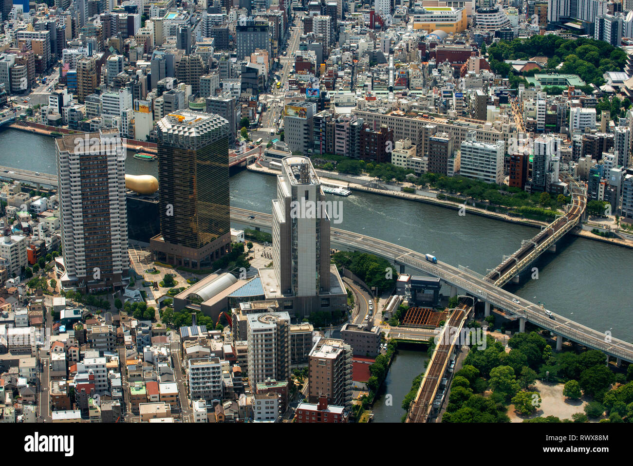 Panoramablick auf die moderne Skyline der Stadt aus der Vogelperspektive aerial Tagesansicht mit Tokyo skytree unter dramatischen Glühen in Tokio, Japan. Stockfoto