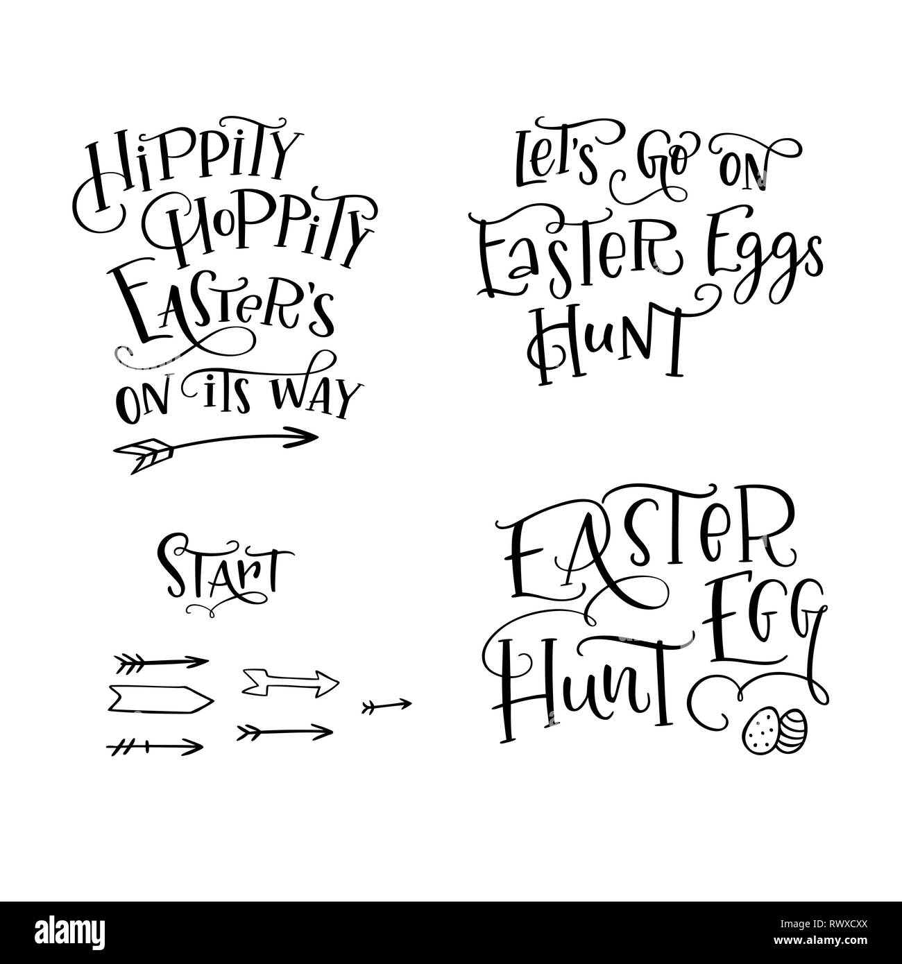 Satz von Hand gezeichnet Schriftzug "Ostereiersuche", "Hippity, Hoppity Ostern ist auf dem Weg", "lassen Sie uns über Ostern Eier Jagd', 'Start' gehen. Handschriftliche cal Stock Vektor