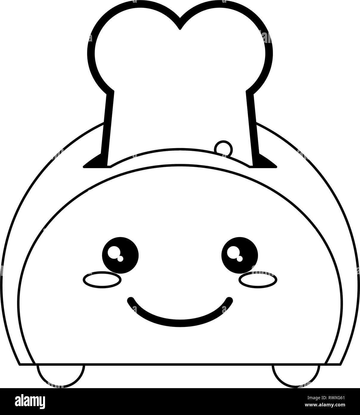 Brot im Toaster Küchengerät kawaii Karikatur in Schwarz und Weiß Stock Vektor