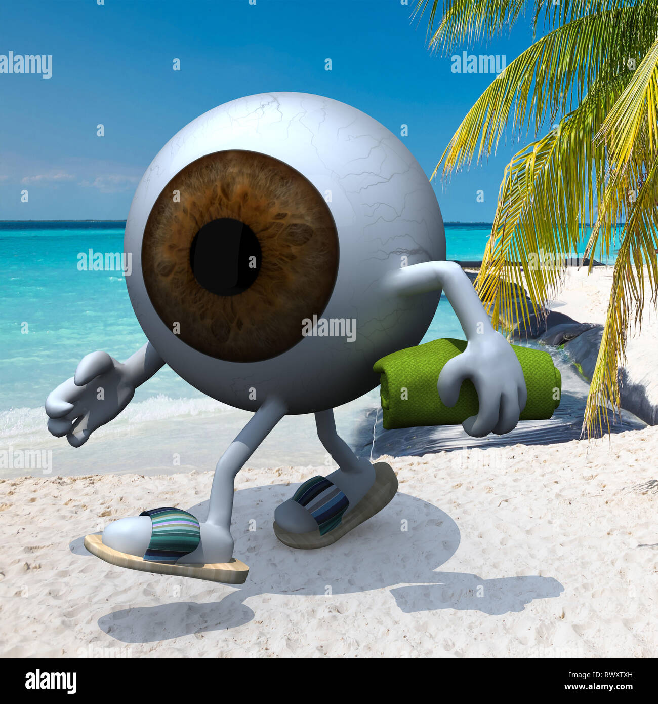 Brown Eye Ball mit Armen, Beinen, Sandalen und Handtuch am Strand, 3 Abbildung d Stockfoto