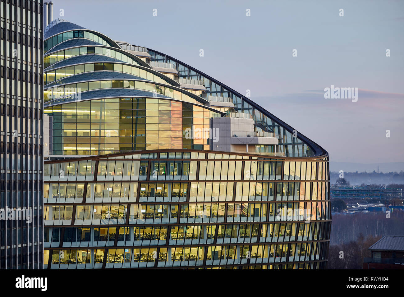 Dawn first light Manchester einen Engel Platz die Co-operative Group headquarters Green Office Gebäude Stockfoto