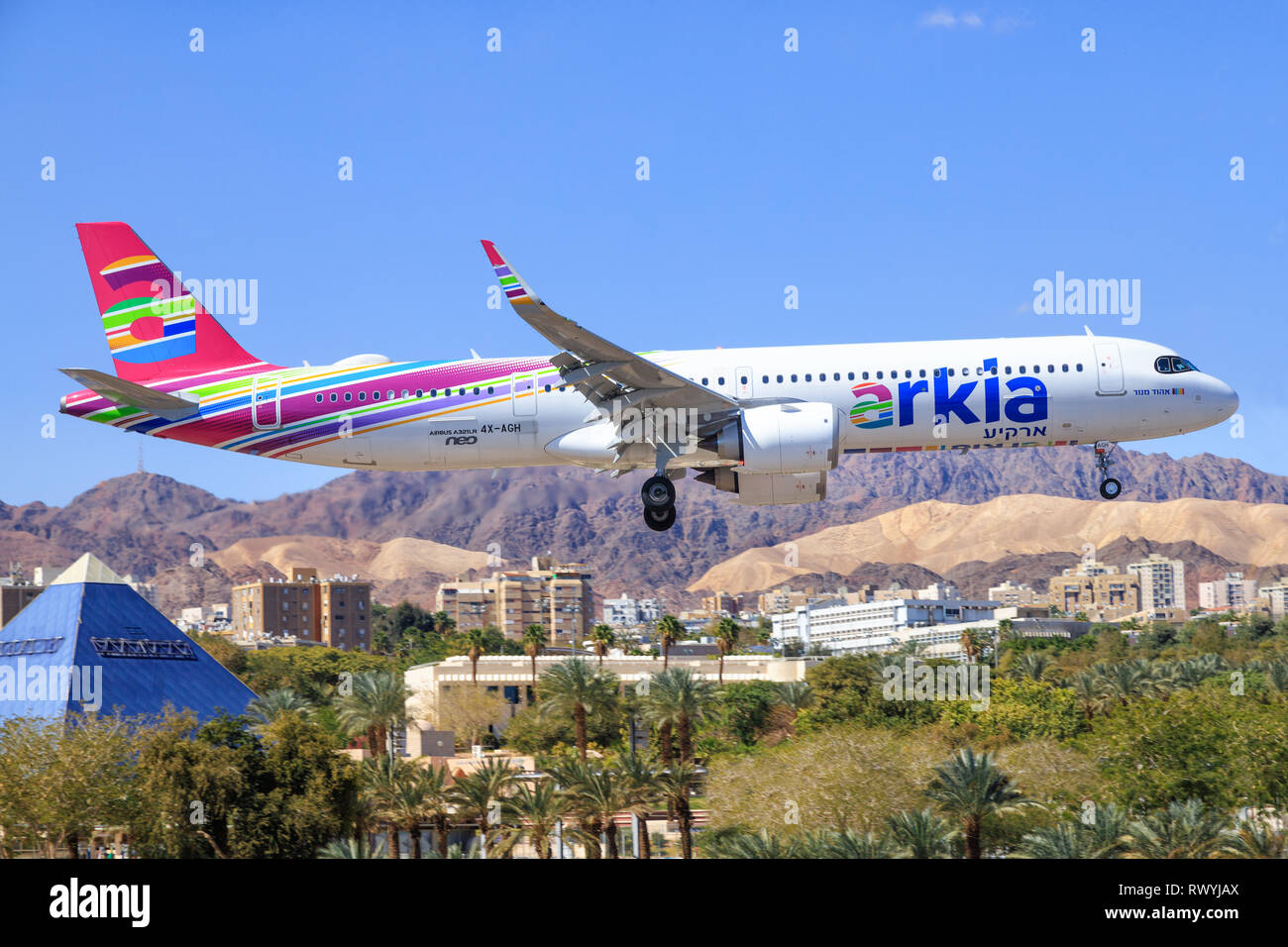 Eilat, Israel - 24. Februar 2019: Arkia Airbus A 321-251 NX am alten Eilat International Airport. Stockfoto