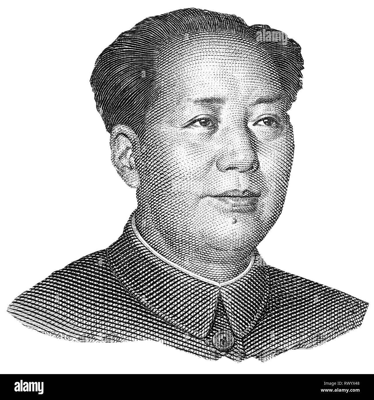 Portrait von Mao Zedong schließen bis auf weißem Hintergrund. Auch als Chairman Mao bekannt. Schwarz-weiß-Bild. Makro Stockfoto
