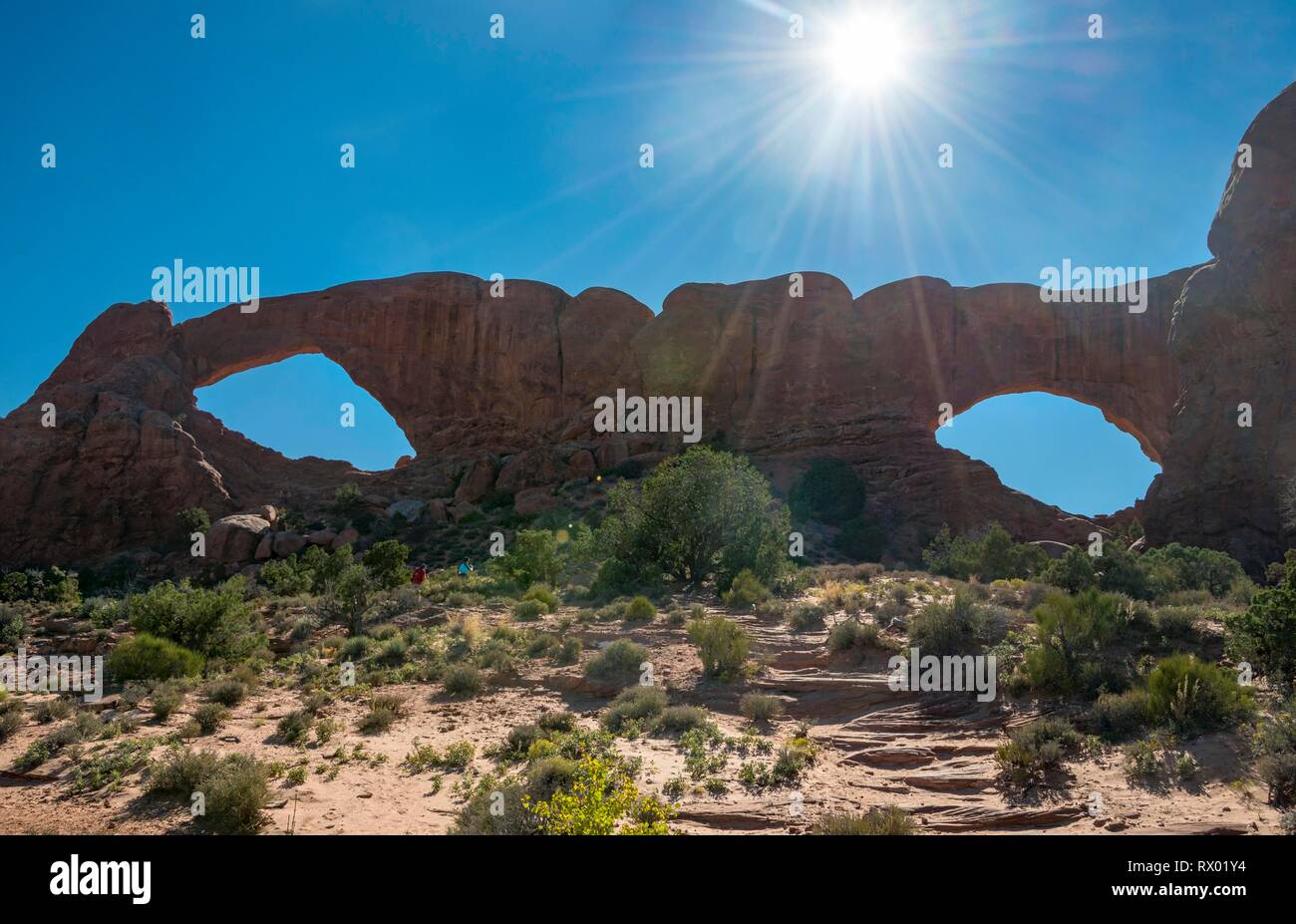 Rock Arc Nord und Süd Fenster Bogen, Windows Abschnitt, Arches National Park, Moab, Utah, USA Stockfoto