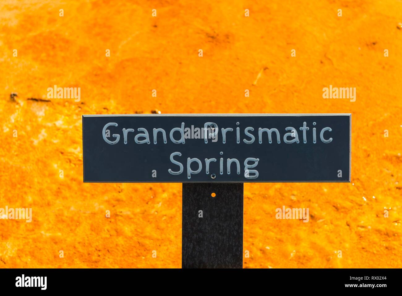 Schild Grand Prismatic Spring vor Gelb mineralische Ablagerungen, Midway Geyser Basin, Yellowstone National Park, Wyoming, USA Stockfoto