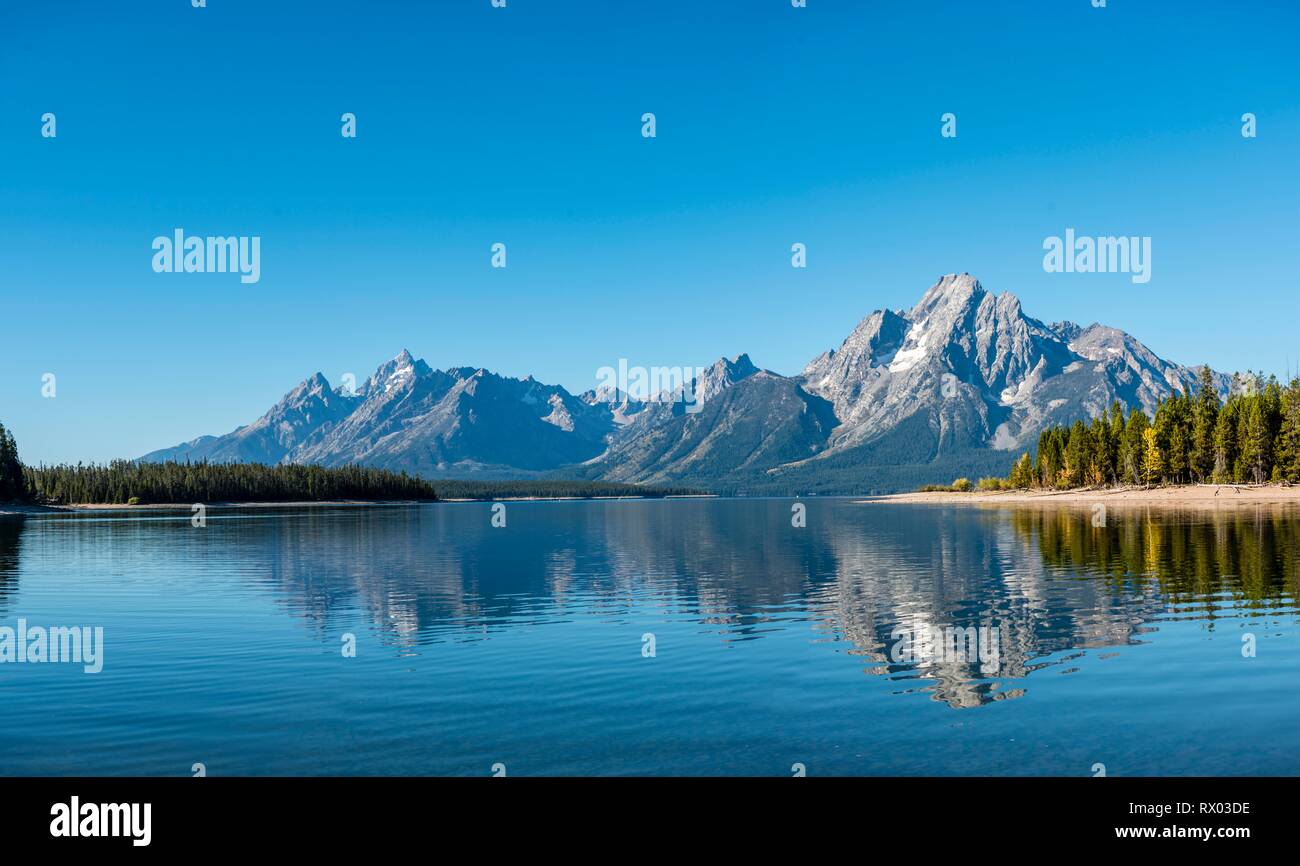 Berge im See spiegeln, Colter Bay Bay, Jackson Lake, Teton Range Bergkette, Grand Teton National Park, Wyoming, USA Stockfoto