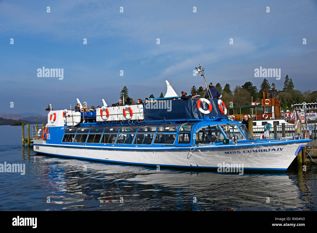 Miss Cumbria IV. Dieselmotor starten. Windermere See Kreuzfahrten. Windermere, Lake District National Park, Cumbria, England, Vereinigtes Königreich, Europa. Stockfoto