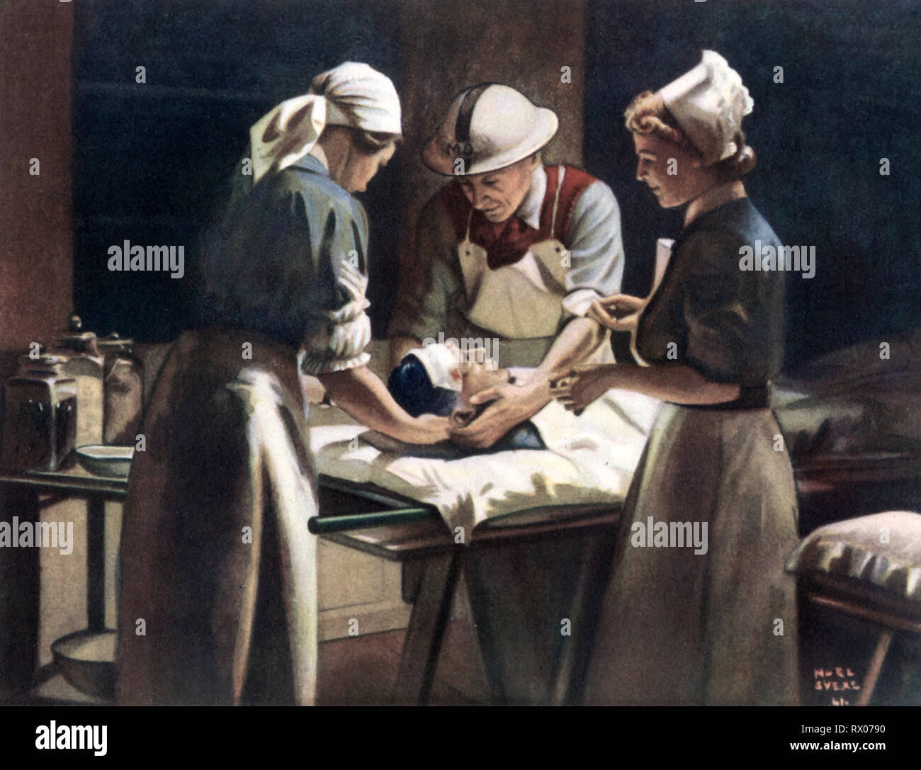 Erste Hilfe Post, 1941. Von Noel Syers. Ein medizinischer Posten während des zweiten Weltkriegs. Stockfoto