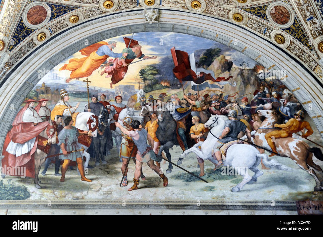 Malerei oder Fresco, Begegnung von Leo der Große und Attila (1511-1513), Zimmer von Heliodor, von Raphael im Apostolischen Palast Vatikanische Museen Vatikan Stockfoto