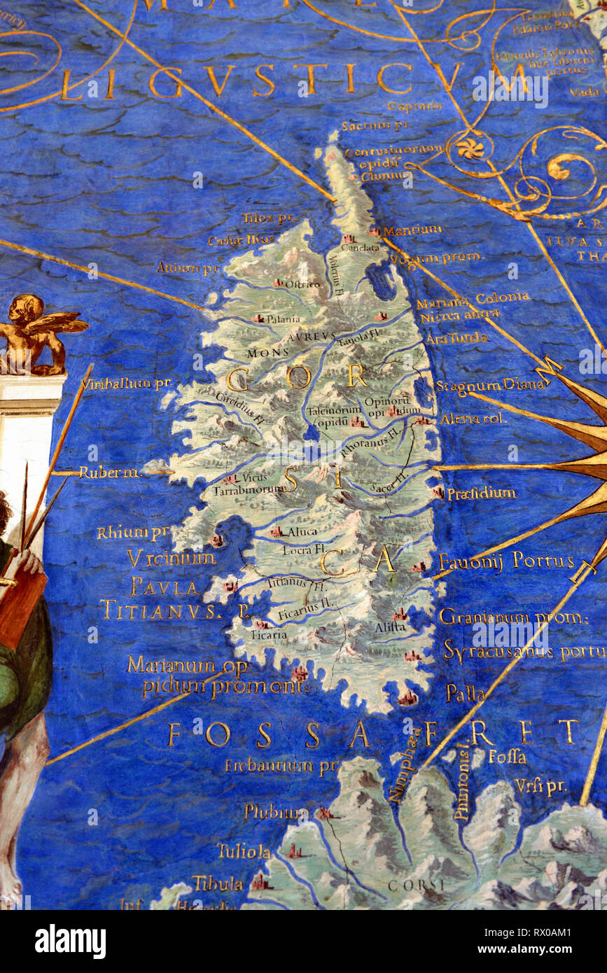 Vintage Karte oder alte Karte von Korsika. Landkarte, Fresken an der Wand oder an der Malerei in der Galerie von Karten (1580-83) auf Zeichnungen von Ignazio Danti Vatikanische Museen basierend Stockfoto