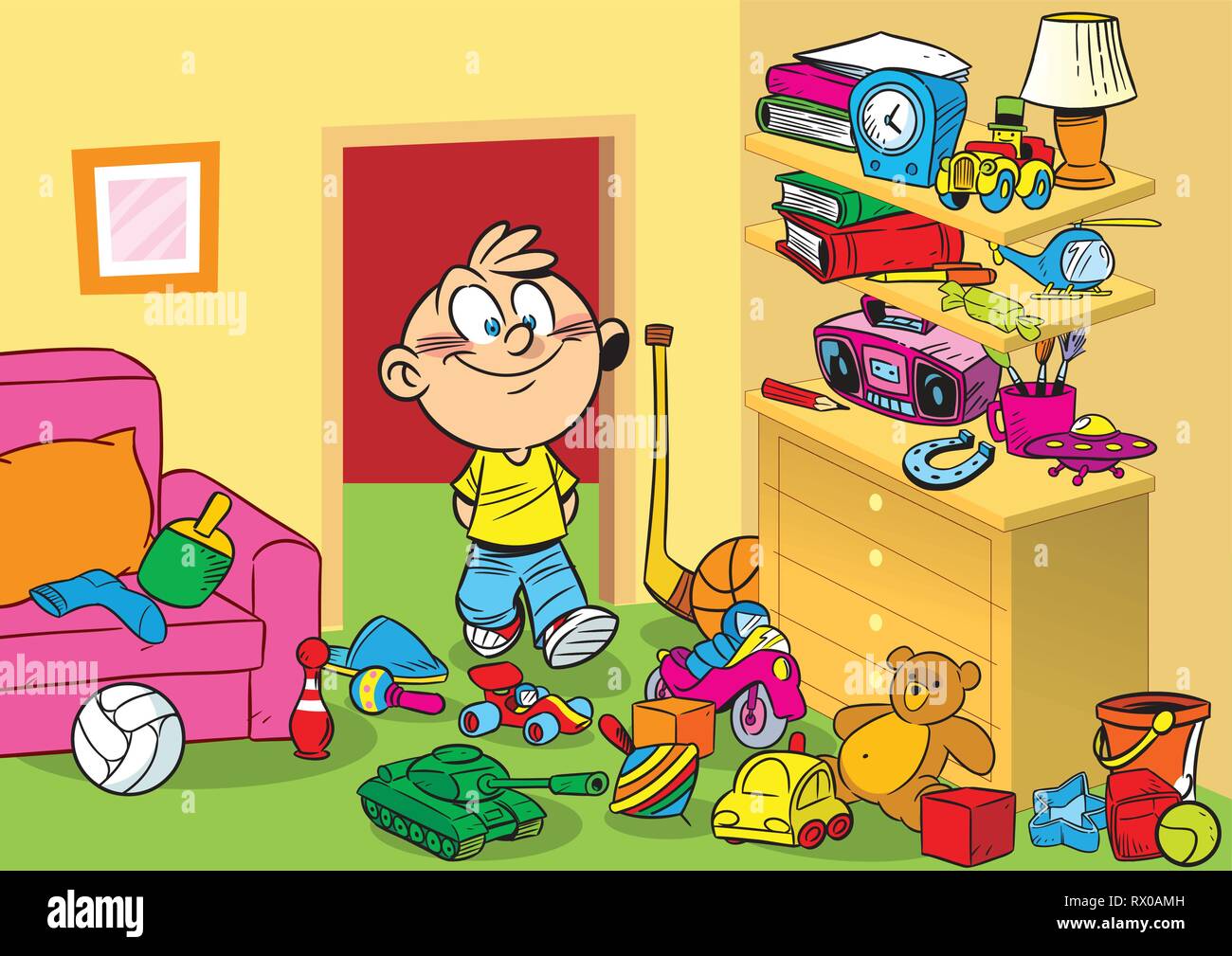 Die Abbildung zeigt ein Junge auf einem Hintergrund des Innenministeriums Kinderzimmer mit Spielzeug. Abbildung im Cartoon Stil. Stock Vektor