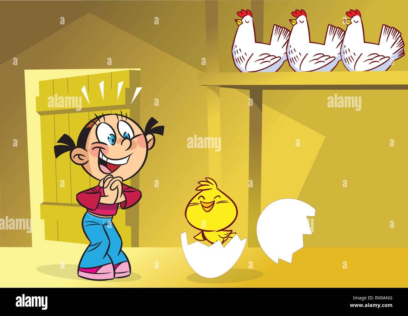 Die Abbildung zeigt ein lustiges Mädchen im Hühnerstall. Sie lächelt, mit Blick auf das kleine Huhn. Abbildung im Cartoon Stil gemacht, auf separaten La Stock Vektor