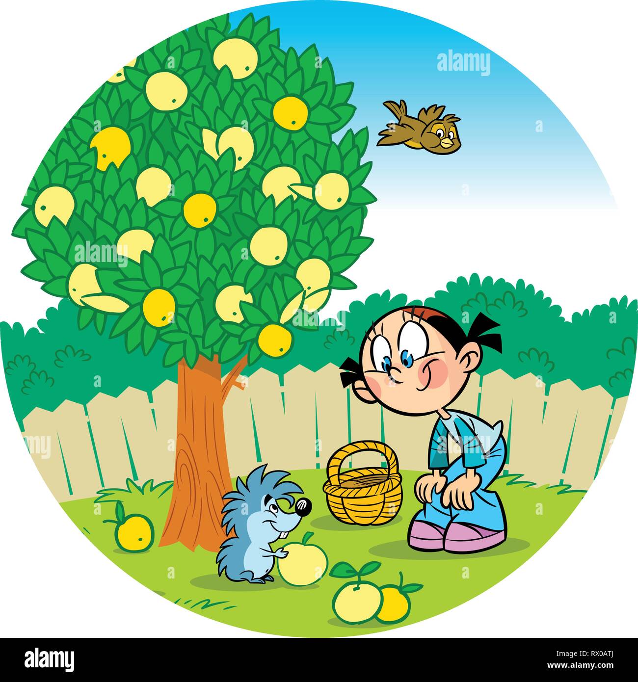 Die Abbildung zeigt ein Mädchen, das Im Garten arbeiten. Kleine lustige Igel hilft Ihr pick Äpfel. Abbildung im Cartoon Stil. Stock Vektor