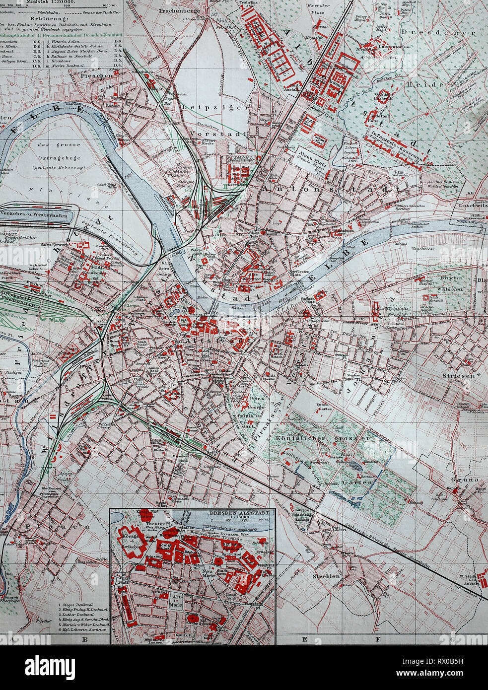 Ein Stadtplan von Dresden, Deutschland, im Jahre 1885/a Karte von Dresden, Deutschland, 1885 Stockfoto