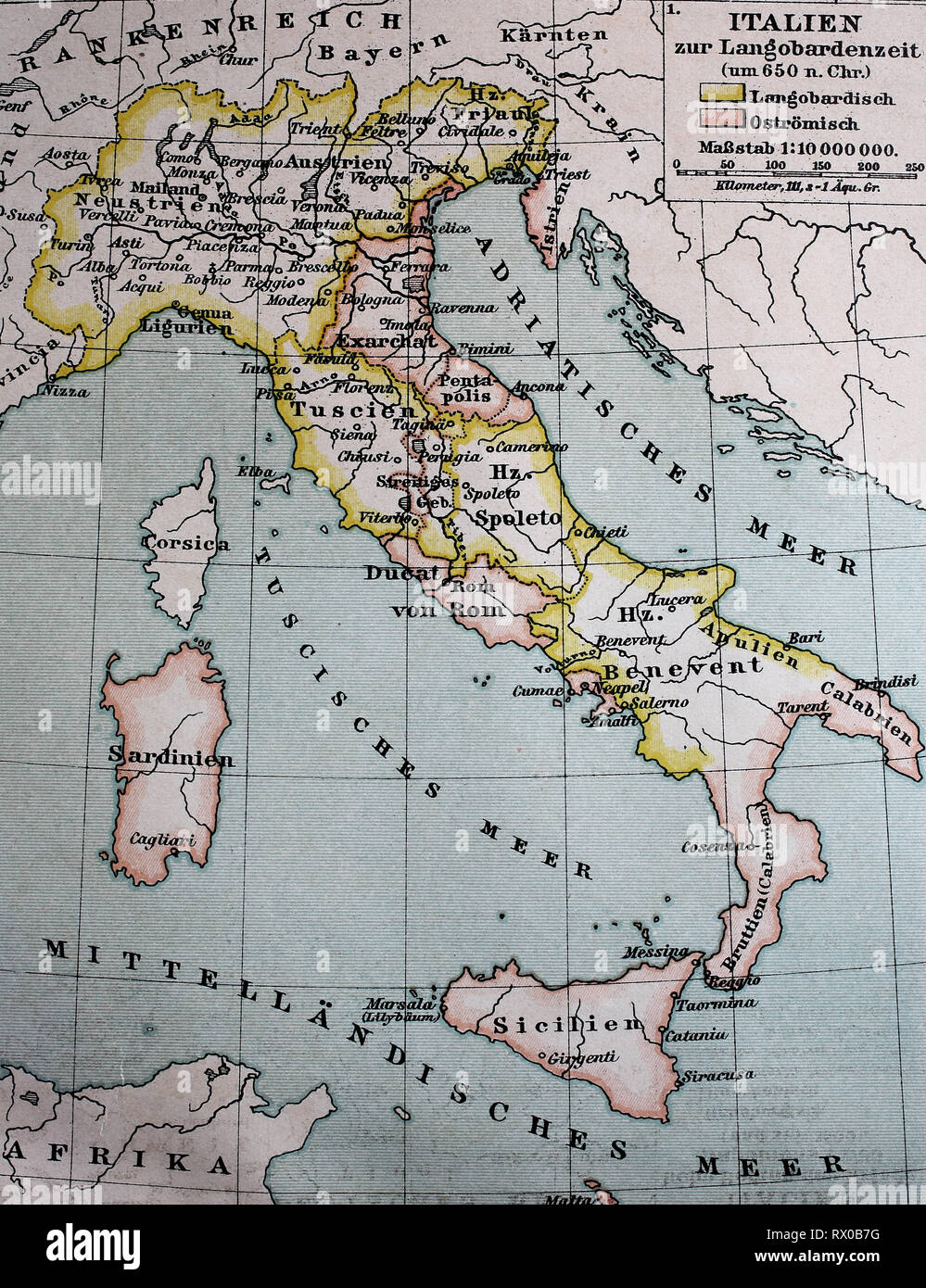 Landkarte von Italien zur Langobardenzeit, ca 650 / Karte von Italien in der langobardischen Periode oder Langobarden, ca. 650 Stockfoto