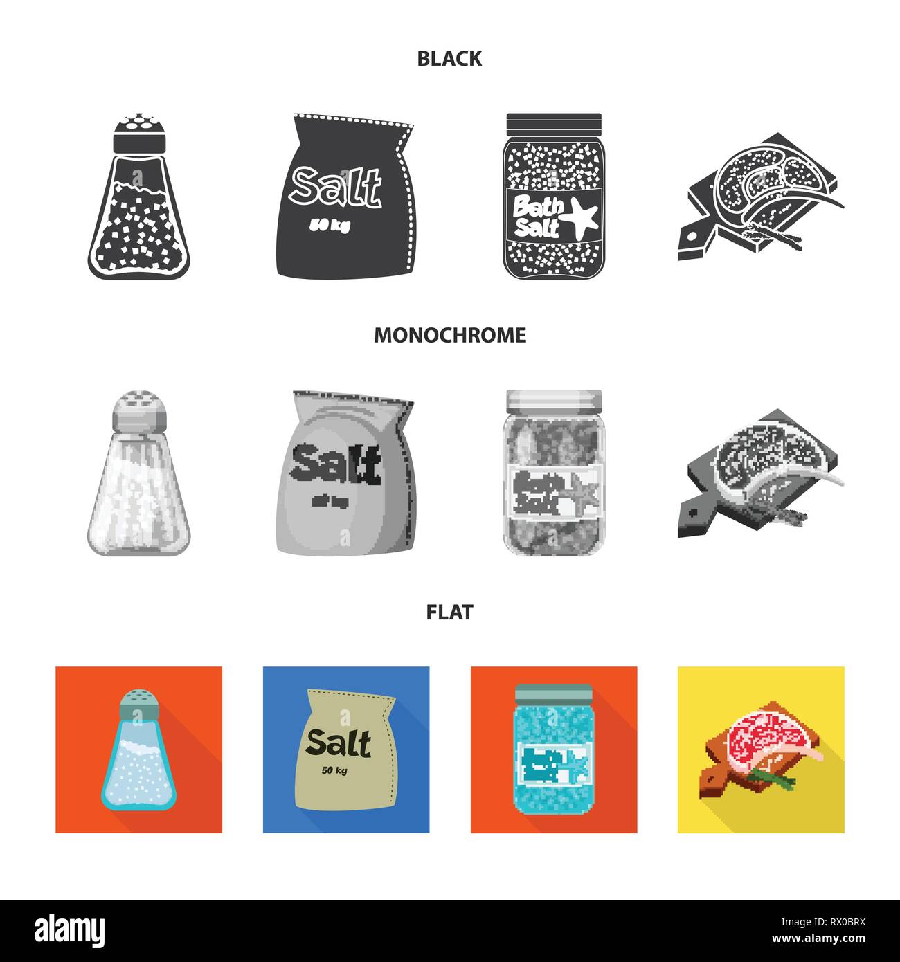 Salzfass, Tasche, Flasche, Fleisch, Gewürze, salzig, Brett, Badewanne, Glas, Pulver, Spa, Restaurant, weiße, Vintage, Streuen, Getreide, Mehl, Container, sauber, Picknick, kochen, Meer, Natur, Backen, Salz, Nahrungsmittel-, Natrium-, Mineral, Raw, Küche, Set, Vector, Icon, Illustration, isoliert, Sammlung, Design, Element, Grafik, Zeichen, Vektor, Vektoren, Stock Vektor