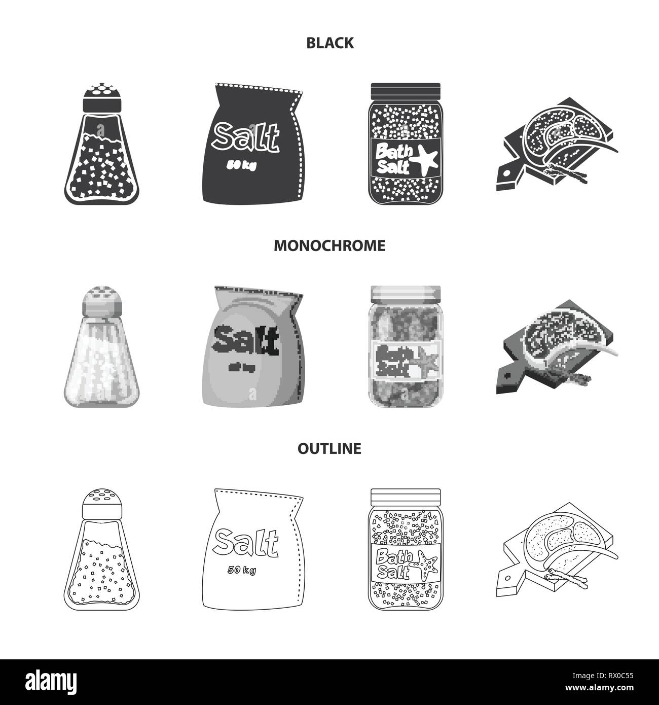 Salzfass, Tasche, Flasche, Fleisch, Gewürze, salzig, Brett, Badewanne, Glas, Pulver, Spa, Restaurant, weiße, Vintage, Streuen, Getreide, Mehl, Container, sauber, Picknick, kochen, Meer, Natur, Backen, Salz, Nahrungsmittel-, Natrium-, Mineral, Raw, Küche, Set, Vector, Icon, Illustration, isoliert, Sammlung, Design, Element, Grafik, Zeichen, Vektor, Vektoren, Stock Vektor