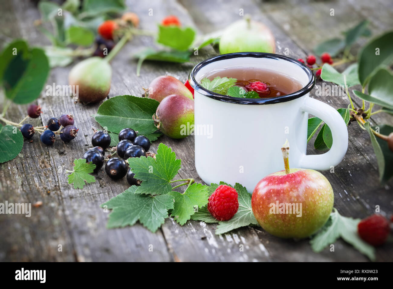 Emaillierte Schale von Obst Tee mit Äpfeln, Birnen, Himbeeren und schwarzen Johannisbeeren Beeren auf hölzernen Tisch im Freien. Stockfoto