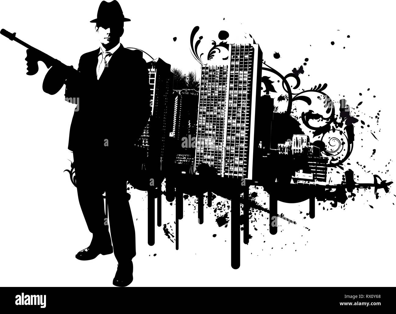 Mafia Boss mit Maschinengewehr steht vor der Skyline einer Stadt mit Designelementen im Hintergrund Stock Vektor