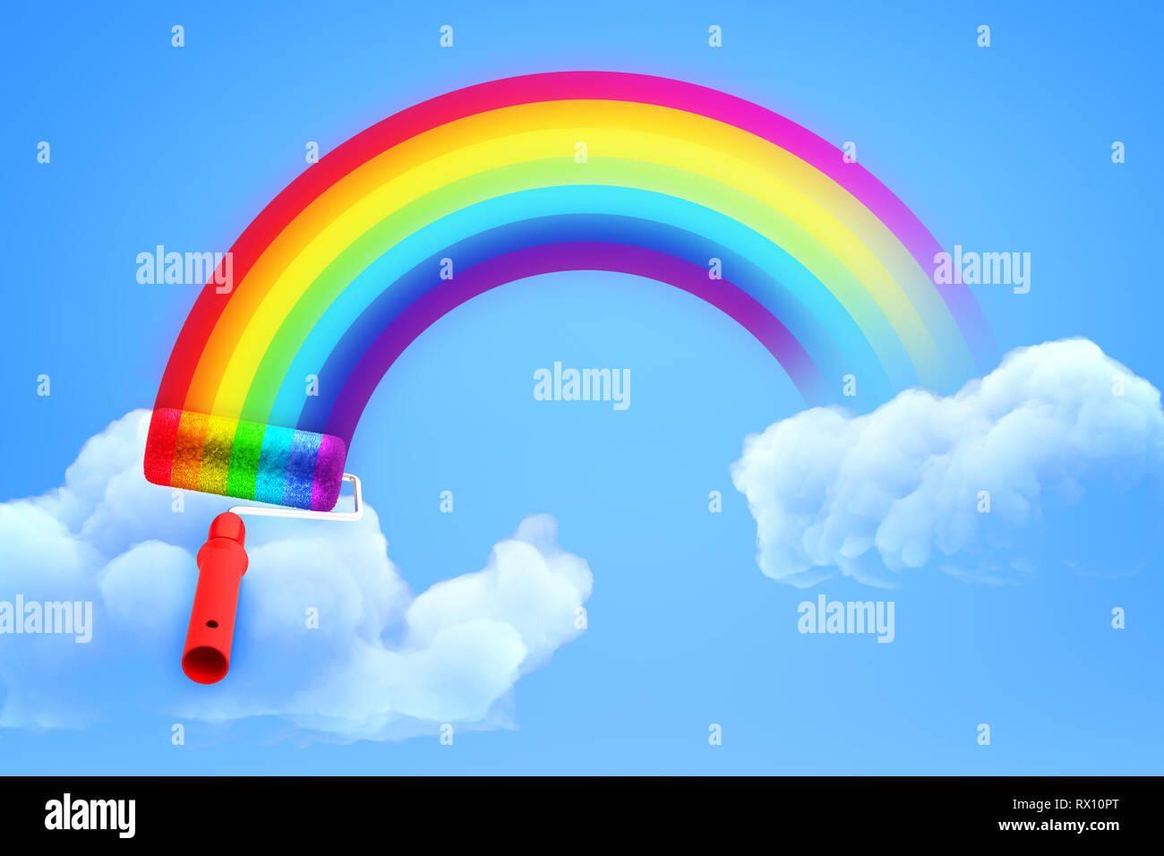 3D-Rendering von Rainbow mit farbroller in blauer Himmel mit beiden Enden in weißen Wolken bemalt. Stockfoto