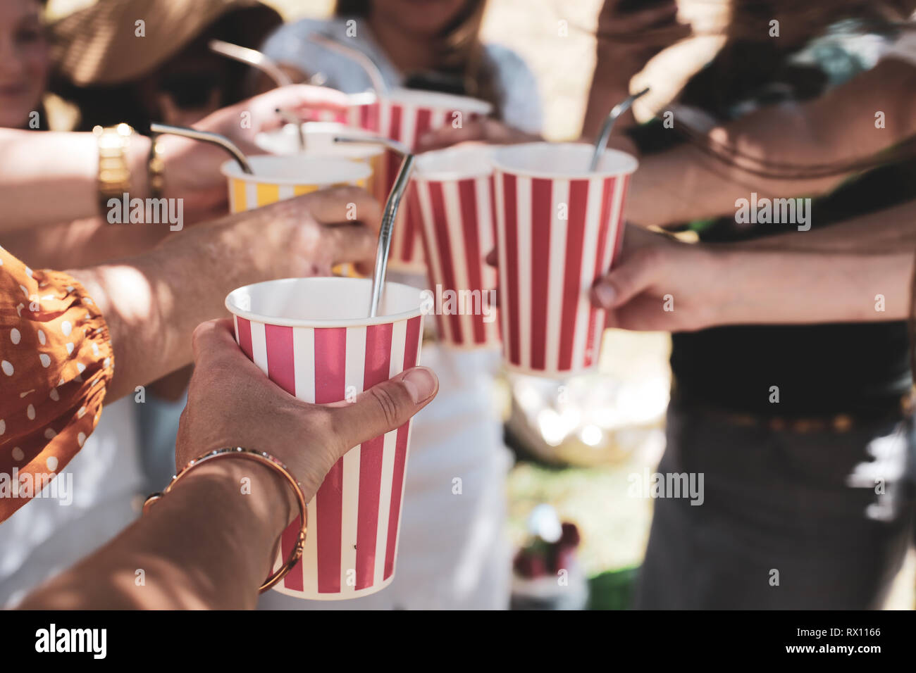 Toasten Getränke bei einem Picknick, Sommer vibes Stockfoto