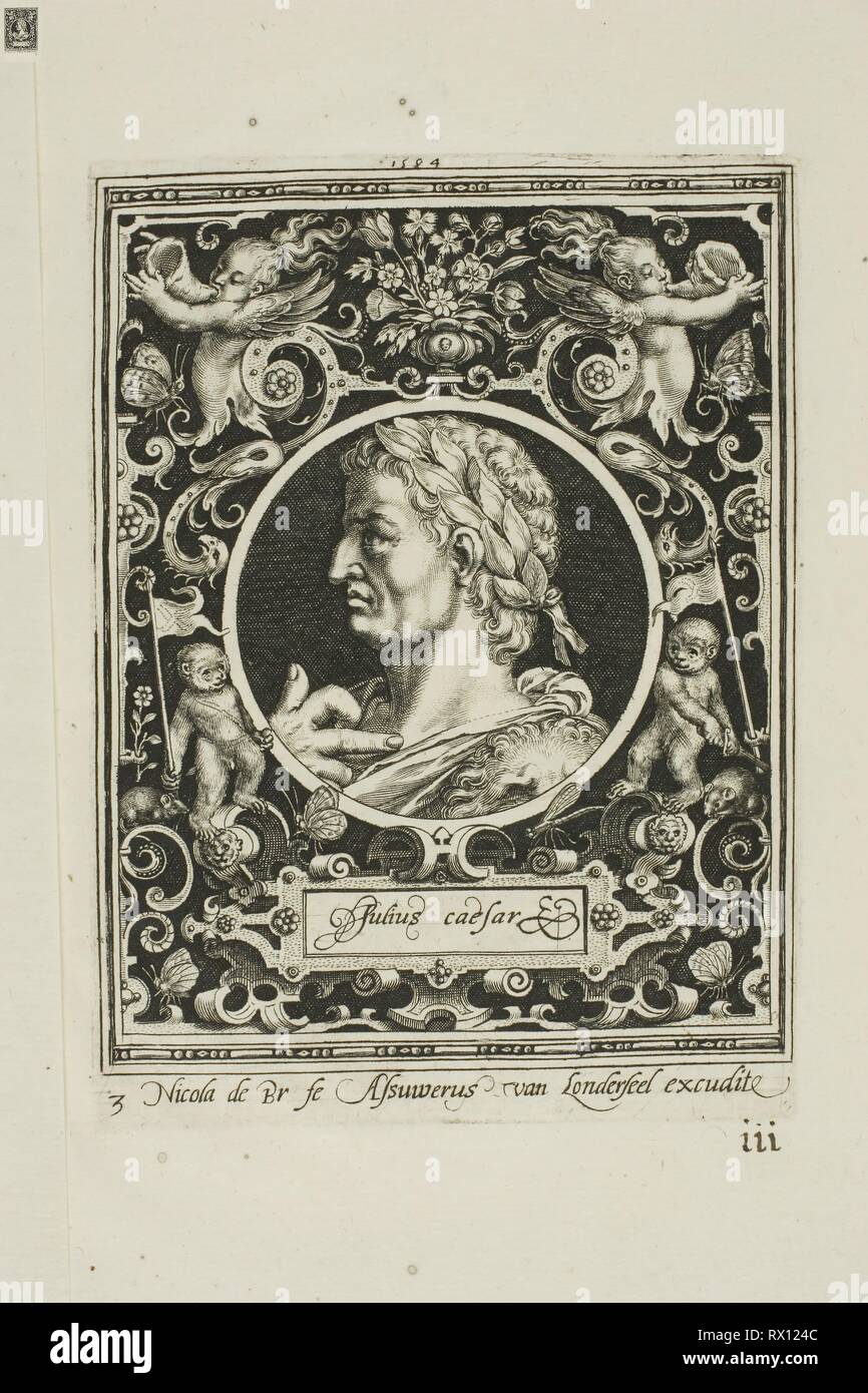 Julius Caesar, Platte drei von neun Glaubenshelden. Nicolaes de Bruyn (Flämisch, 1571-1656); veröffentlicht durch Assuerus van Londerseel (Flämisch, 1572-1635). Datum: 1594. Abmessungen: 117 × 90 mm (Bild); 125 × 92 mm (Platte); 183 × 148,5 mm (Blatt). Gravur in Schwarz auf Creme Bütten. Herkunft: Flandern. Museum: Das Chicago Art Institute. Stockfoto