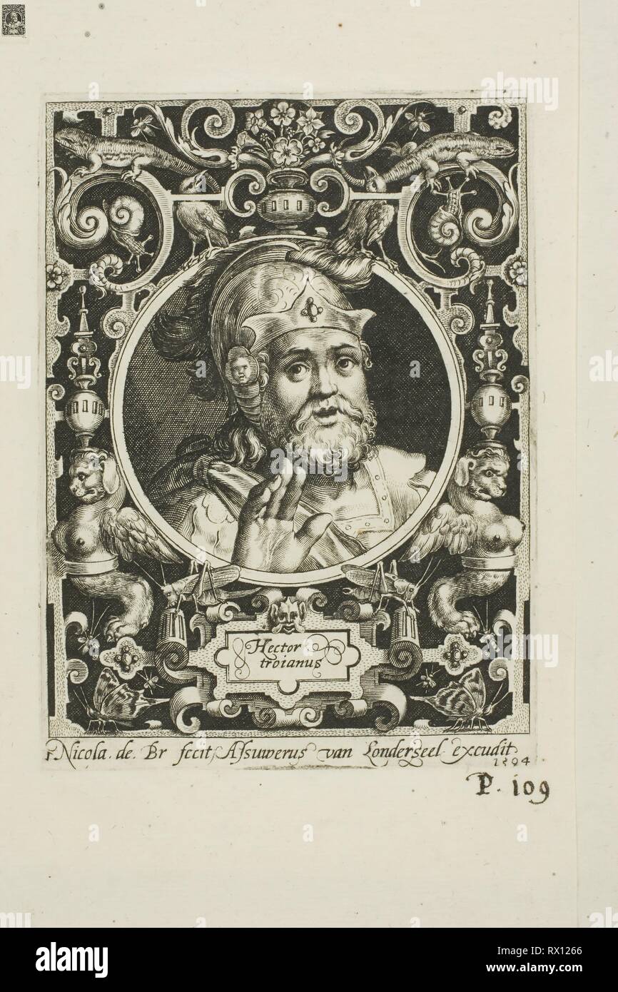 Hector von Troy, Platte aus der Neun Glaubenshelden. Nicolaes de Bruyn (Flämisch, 1571-1656); veröffentlicht durch Assuerus van Londerseel (Flämisch, 1572-1635). Datum: 1594. Abmessungen: 117 × 88 mm (Bild); 124 × 91 mm (Platte); 197 × 153 mm (Blatt). Gravur in Schwarz auf Creme Bütten. Herkunft: Flandern. Museum: Das Chicago Art Institute. Stockfoto