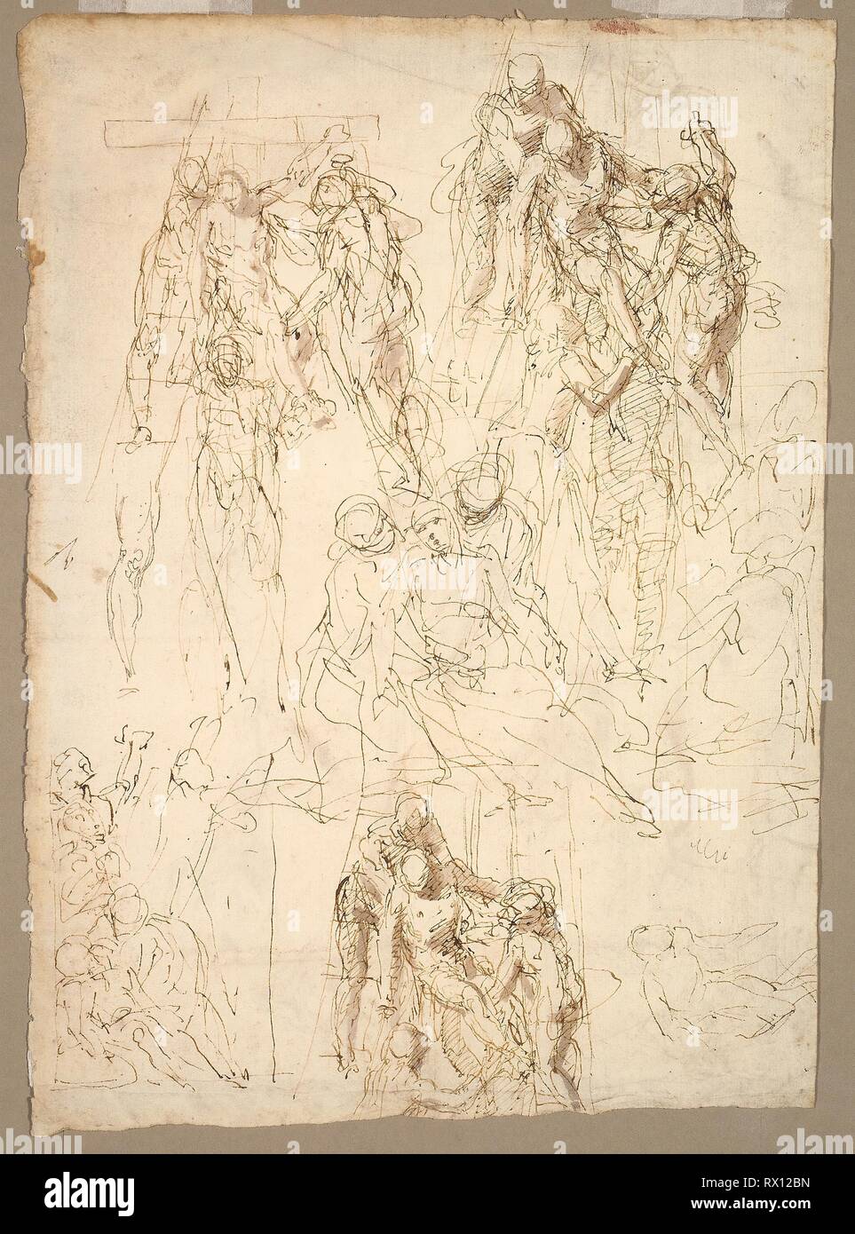 Studien für die Deposition. Aurelio Luini; Italienisch, 1530-1593. Datum: 1553-1557. Abmessungen: 288 x 215 mm. Pen und Braun mit Pinsel und Farbe grau-braun Waschen, auf Elfenbein Bütten. Herkunft: Italien. Museum: Das Chicago Art Institute. Stockfoto