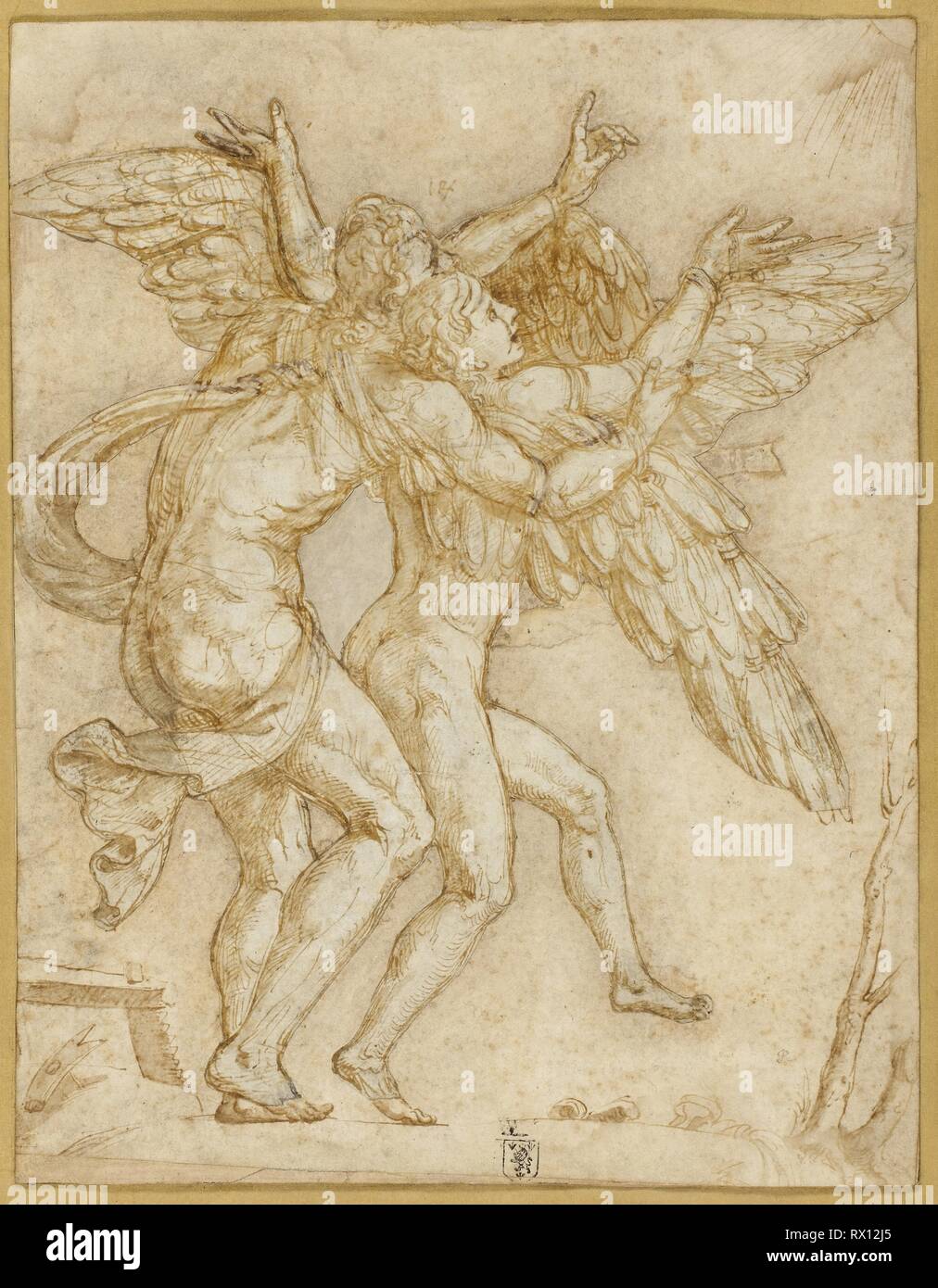 Dädalus und Ikarus. Giulio Pippi, genannt Giulio Romano; Italienisch, C. 1499-1546. Datum: 1530-1535. Abmessungen: 269 x 209 mm. Pen und Braun mit Pinsel und Farbe braun waschen, mit einem Hauch von Weiß, über Spuren der Schwarze Kreide, auf Elfenbein Papier gelegt, mit stray Graphit dm erhöhte, ausgeschnitten und auf Creme Bütten, legte sich auf Tan gelegt. Herkunft: Italien. Museum: Das Chicago Art Institute. Stockfoto