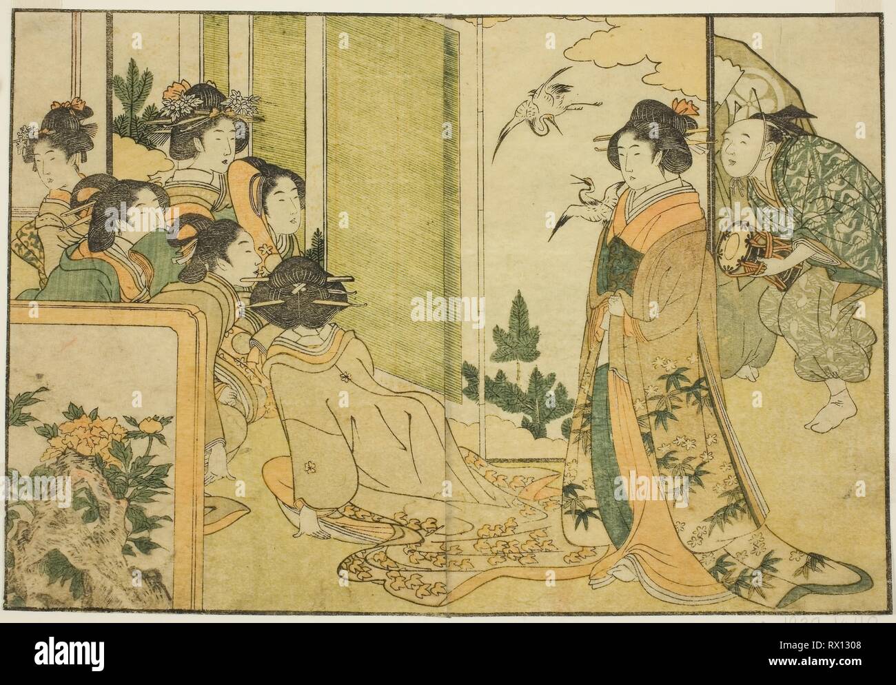 Neues Jahr Manzai Leistung bei einem Feudalherren Herrenhaus aus dem Bildband "Bilderbuch: Blumen der vier Jahreszeiten (Ehon shiki no hana)", Vol. 1. Kitagawa Utamaro??? ??; Japanisch, 1753 (?)-1806. Datum: 1801. Abmessungen: . Farbe holzschnitt; Doppel-seite Abbildung aus dem Buch. Herkunft: Japan. Museum: Das Chicago Art Institute. Stockfoto