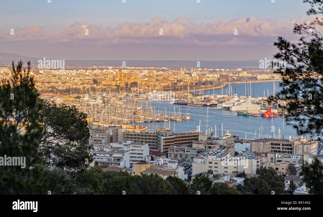 Luftaufnahme über Palma de Mallorca und die Kathedrale "La Seu" bei Sonnenuntergang Stockfoto