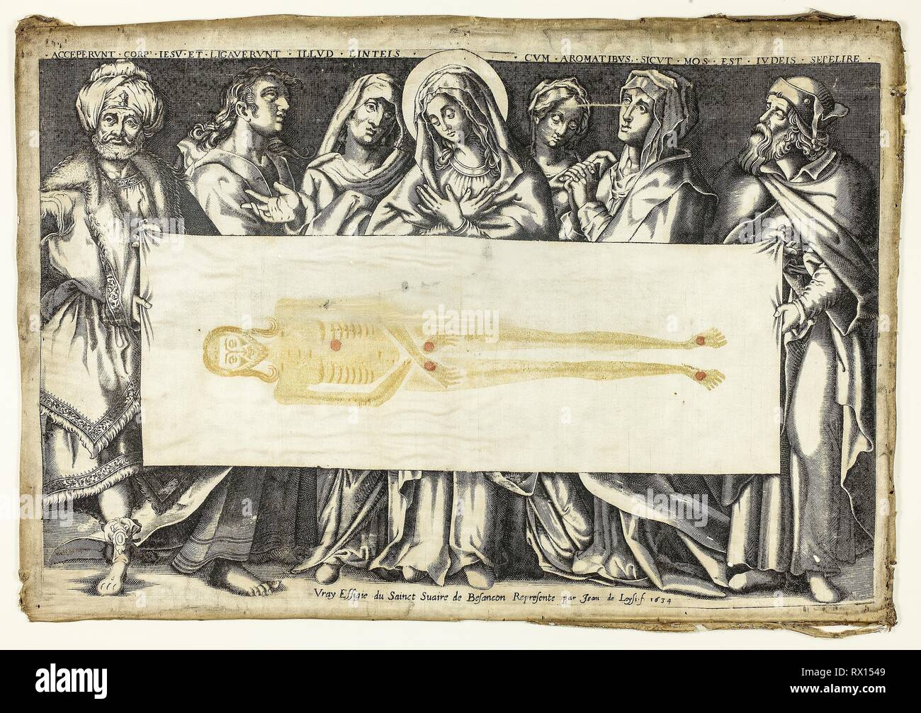 Der Heilige Grabtuch von Besançon. Jean de Loisy; Französisch, 1603 - nach 1660. Datum: 1634. Abmessungen: 275 × 418 mm (Bild); 274 × 417 mm (Platte); 310 × 442 mm (Blatt, gefaltet). Gravur in schwarz und gelblich braun, mit Ergänzungen in roter Gouache auf Creme, Seide Atlasbindung, gefaltet. Herkunft: Frankreich. Museum: Das Chicago Art Institute. Stockfoto