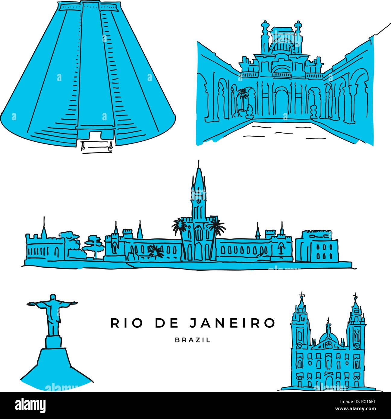 Rio de Janeiro Architektur Zeichnungen. Hand - hohe Qualität vektor Kontur Skizzen gezeichnet. Stock Vektor