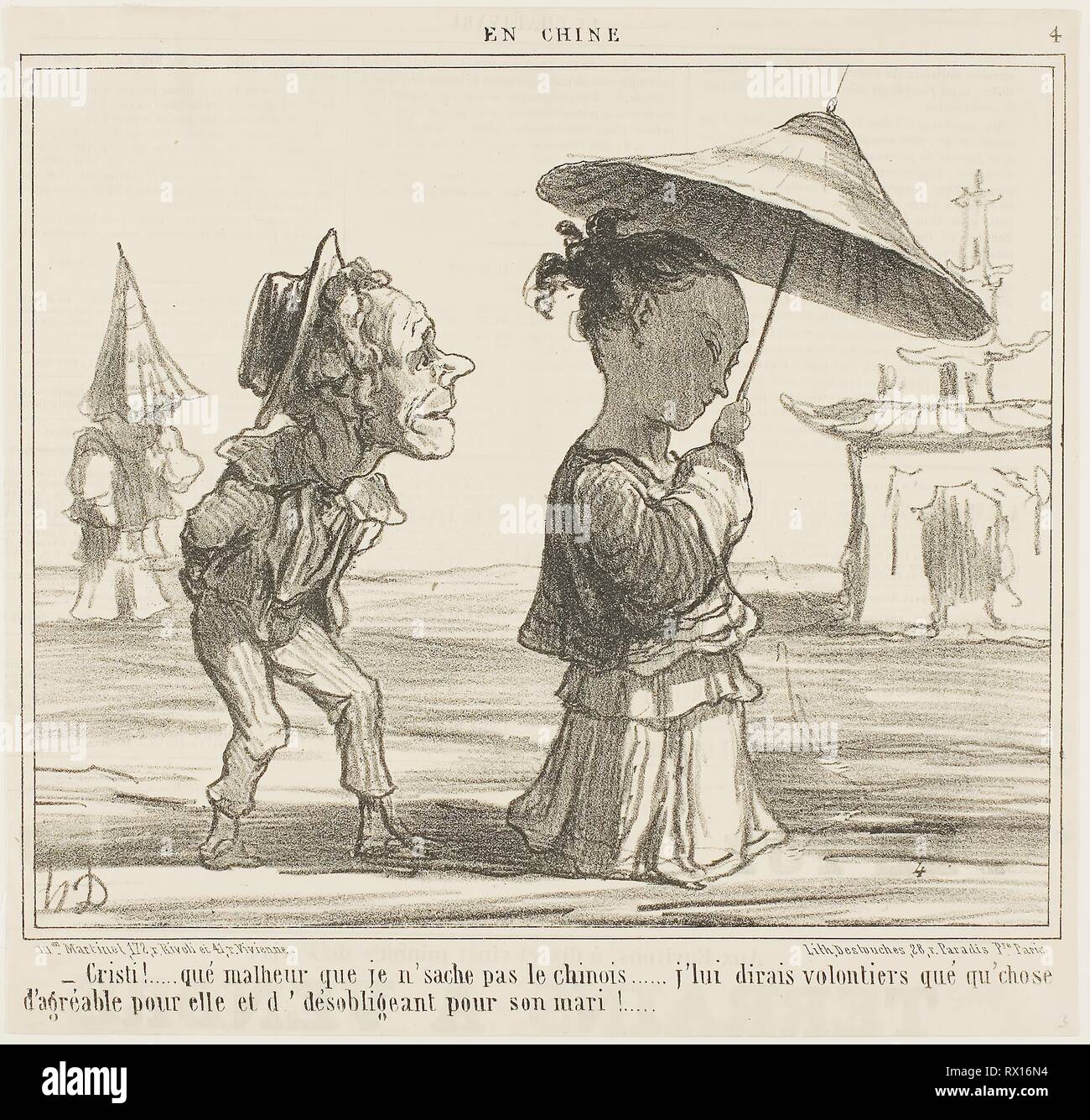 " - Schade, dass ich nicht Chinesisch sprechen... Ich würde gerne etwas wirklich nett zu ihr und etwas ziemlich bös zu ihrem Ehemann, zu sagen, 'Platte 4 von En Chine. Honoré Victorin Daumier; Französisch, 1808-1879. Datum: 1859. Abmessungen: 224 × 263 mm (Bild); 267 × 278 mm (Blatt). Auf festem Papier Lithographie webten. Herkunft: Frankreich. Museum: Das Chicago Art Institute. Autor: Honoré-Victorin Daumier. Stockfoto